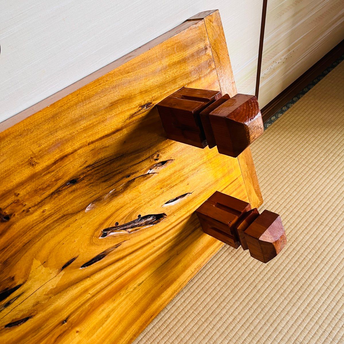 馬 鷲 彫刻絵 天然木テーブル 座卓 ローテーブル 昭和レトロ センター