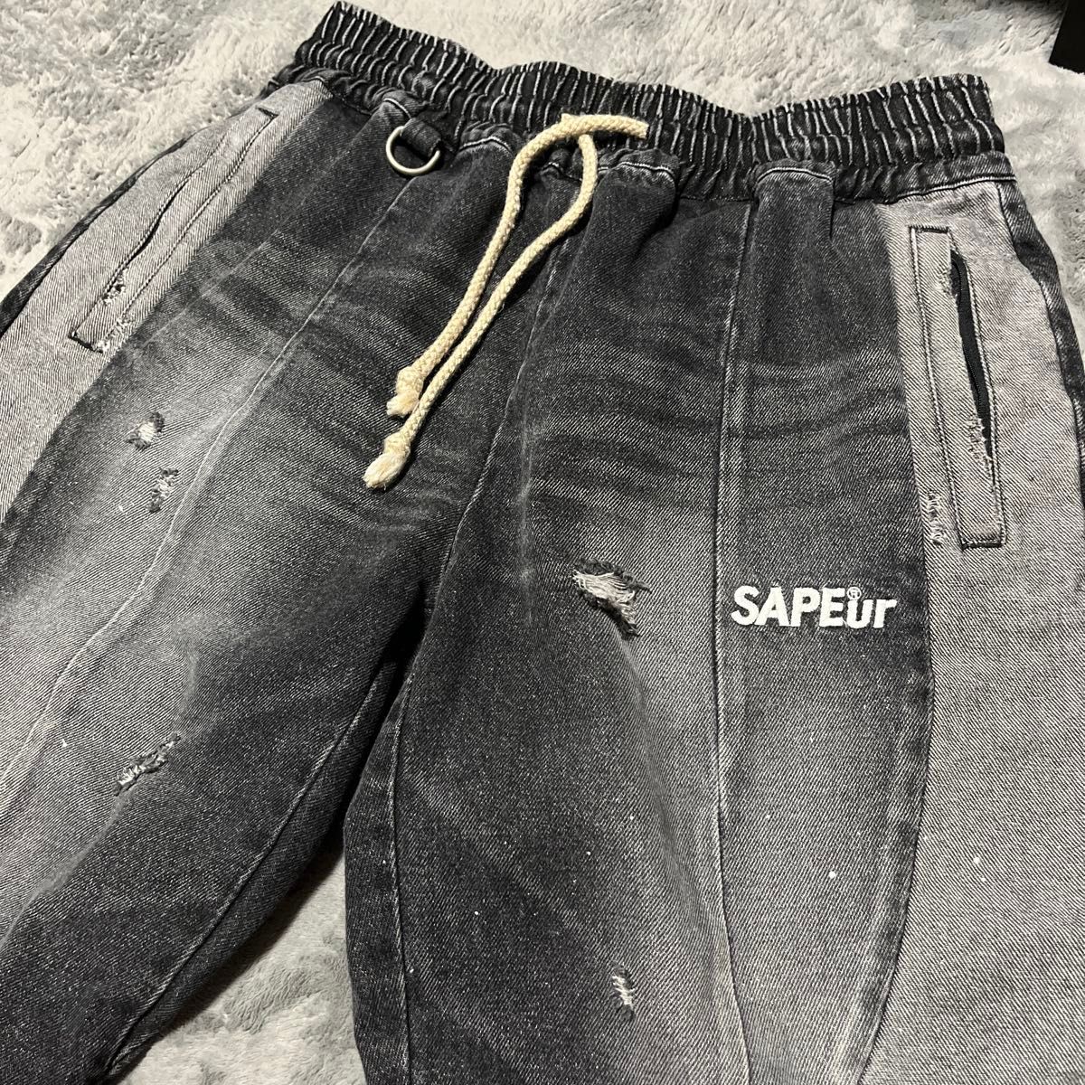 SAPEur サプール デニム トラックパンツ ブラック ヴィンテージ加工