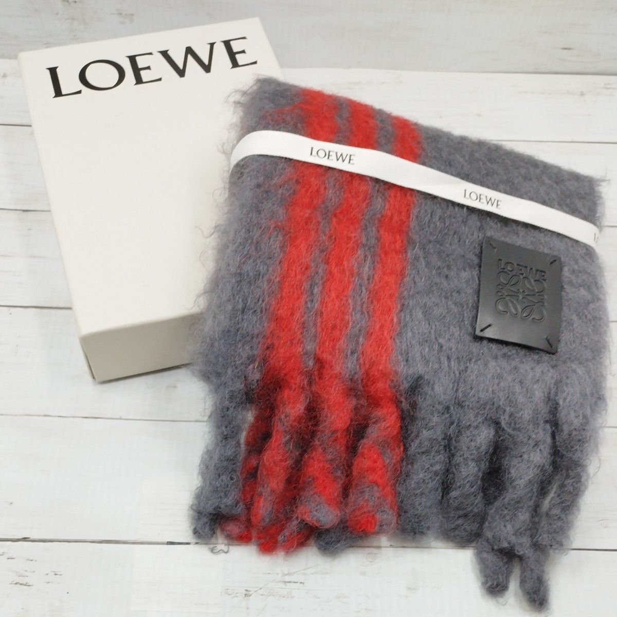 美品】LOEWE ロエベ モヘア マフラー ストール グレー×レッド 箱付き