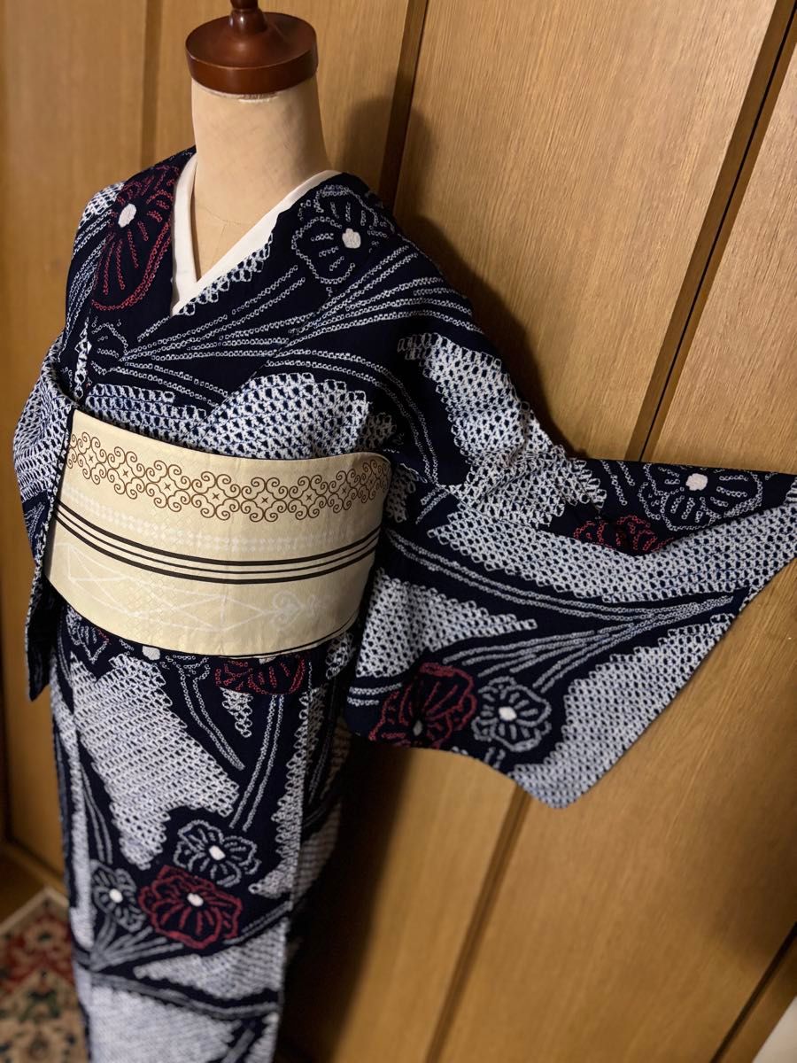 浴衣 有松絞り トールサイズ ぼかし 三浦絞り 紺青水色 有松鳴海絞り