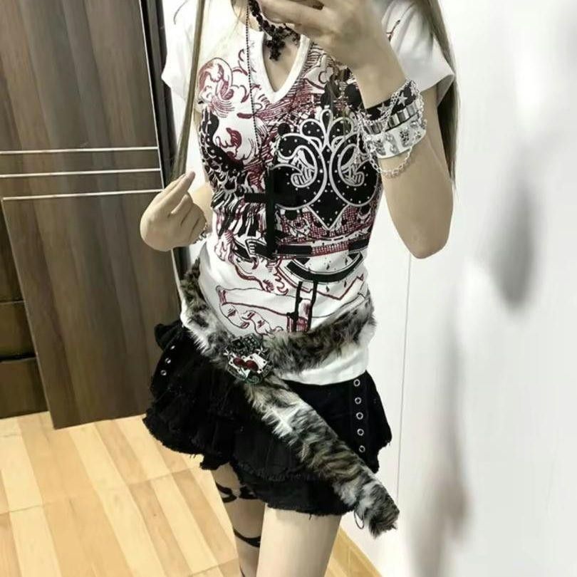 y2k 姫ギャル 平成ギャル グランジ Vネック ピタT チビT 白 Tシャツ