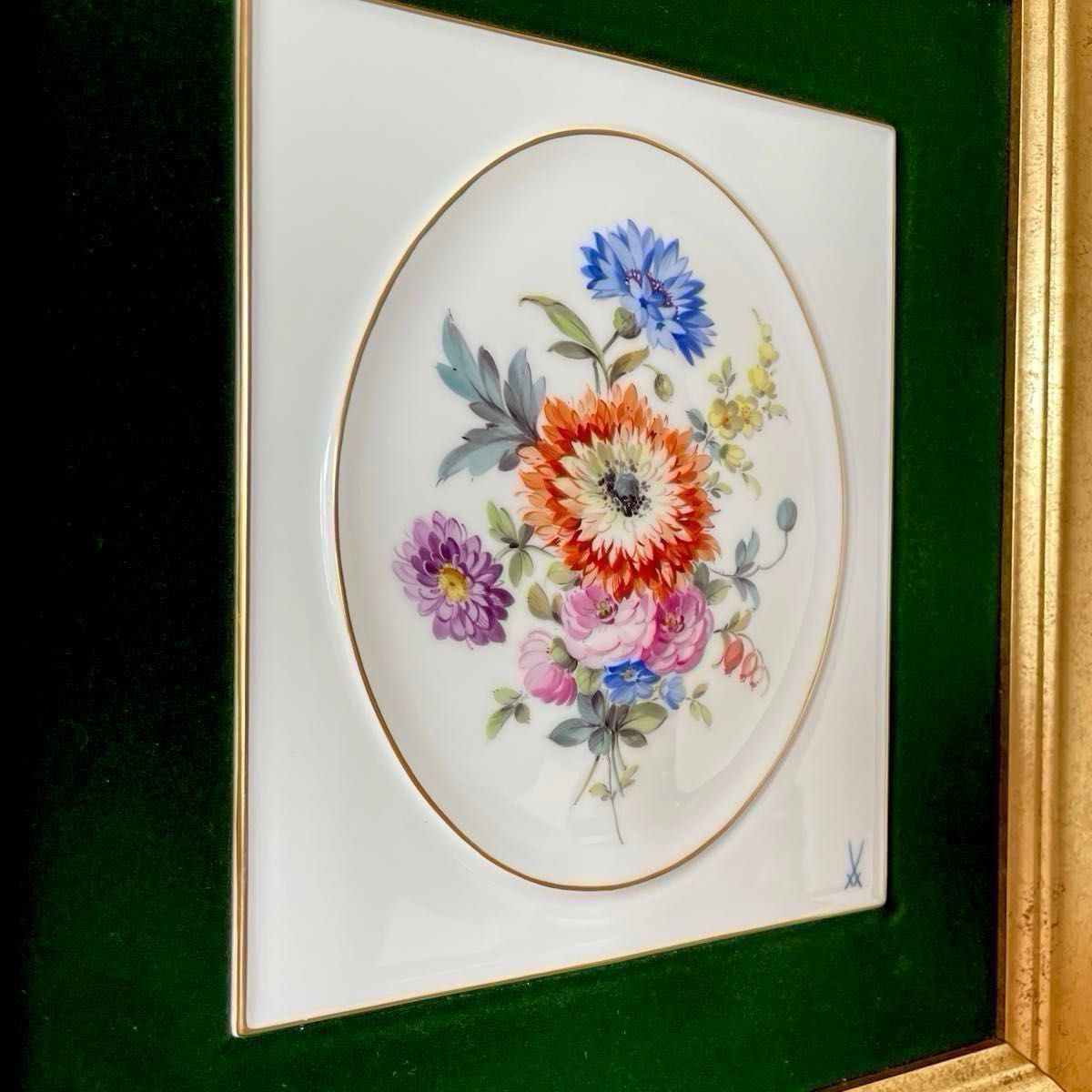 美品・陶板画・マイセン・五つ花・額装済み・額34cm×31cm・画