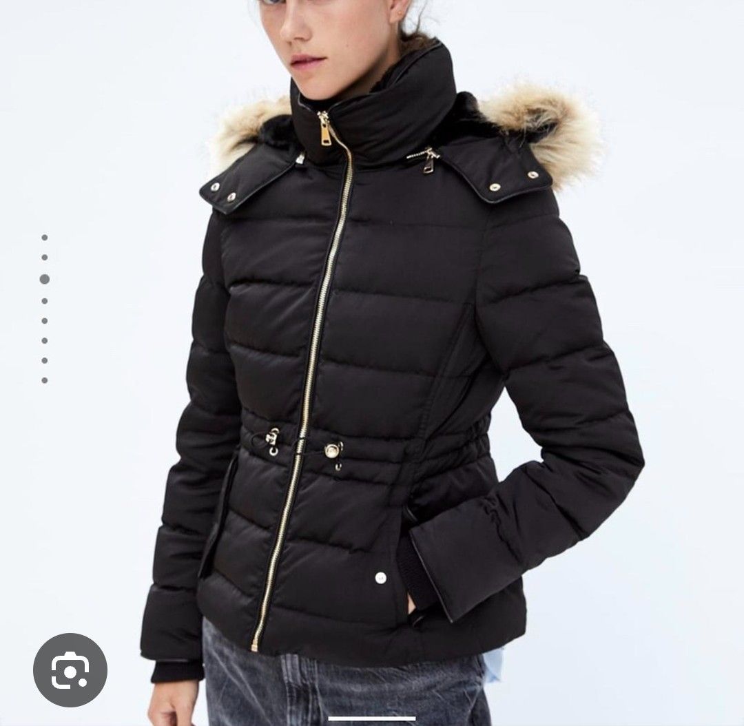 ザラ ZARA ファー付き フーデッド ダックダウン アウター ダウン M 黒