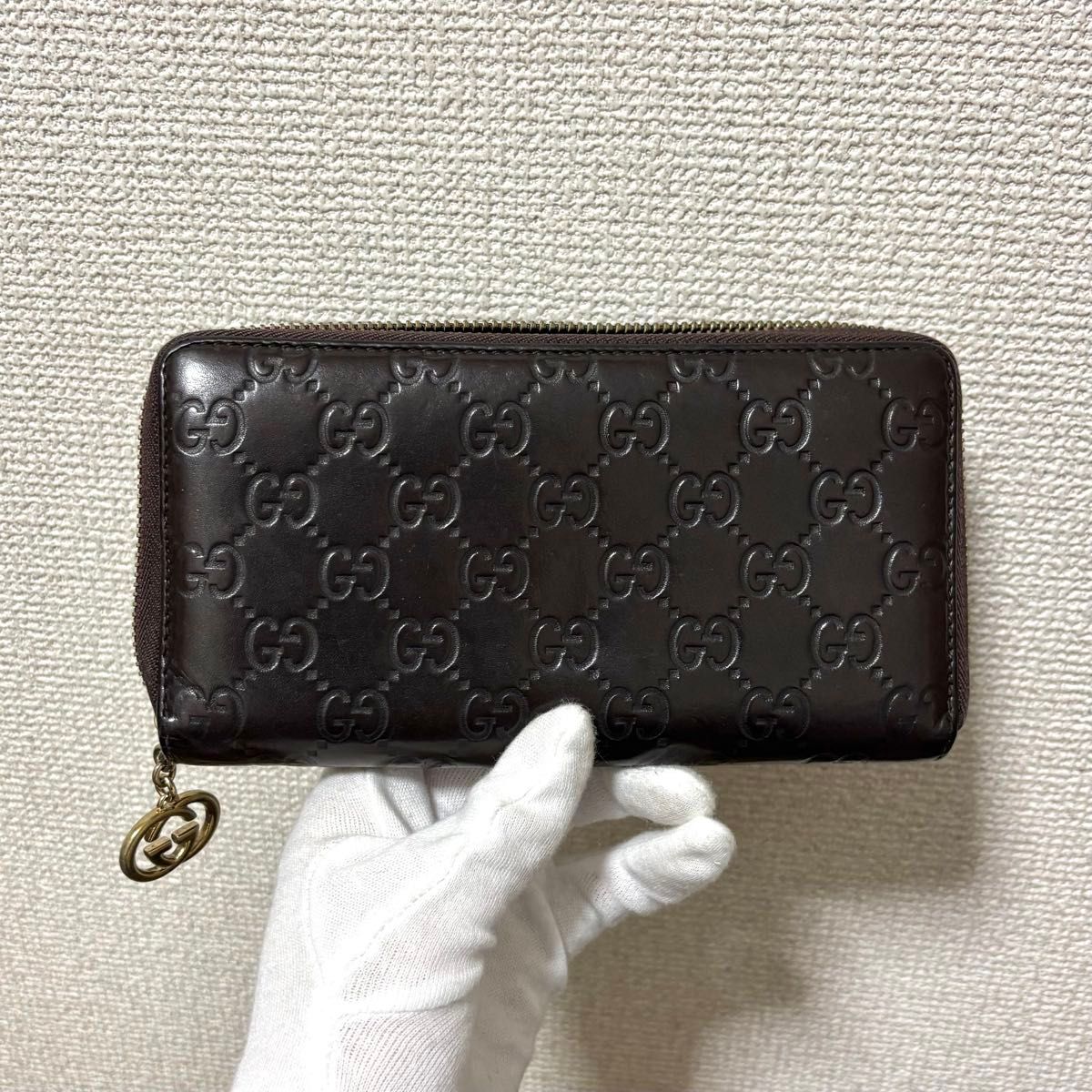 k73 GUCCI グッチ 長財布 レザー グッチシマ ダークブラウン ラウンド