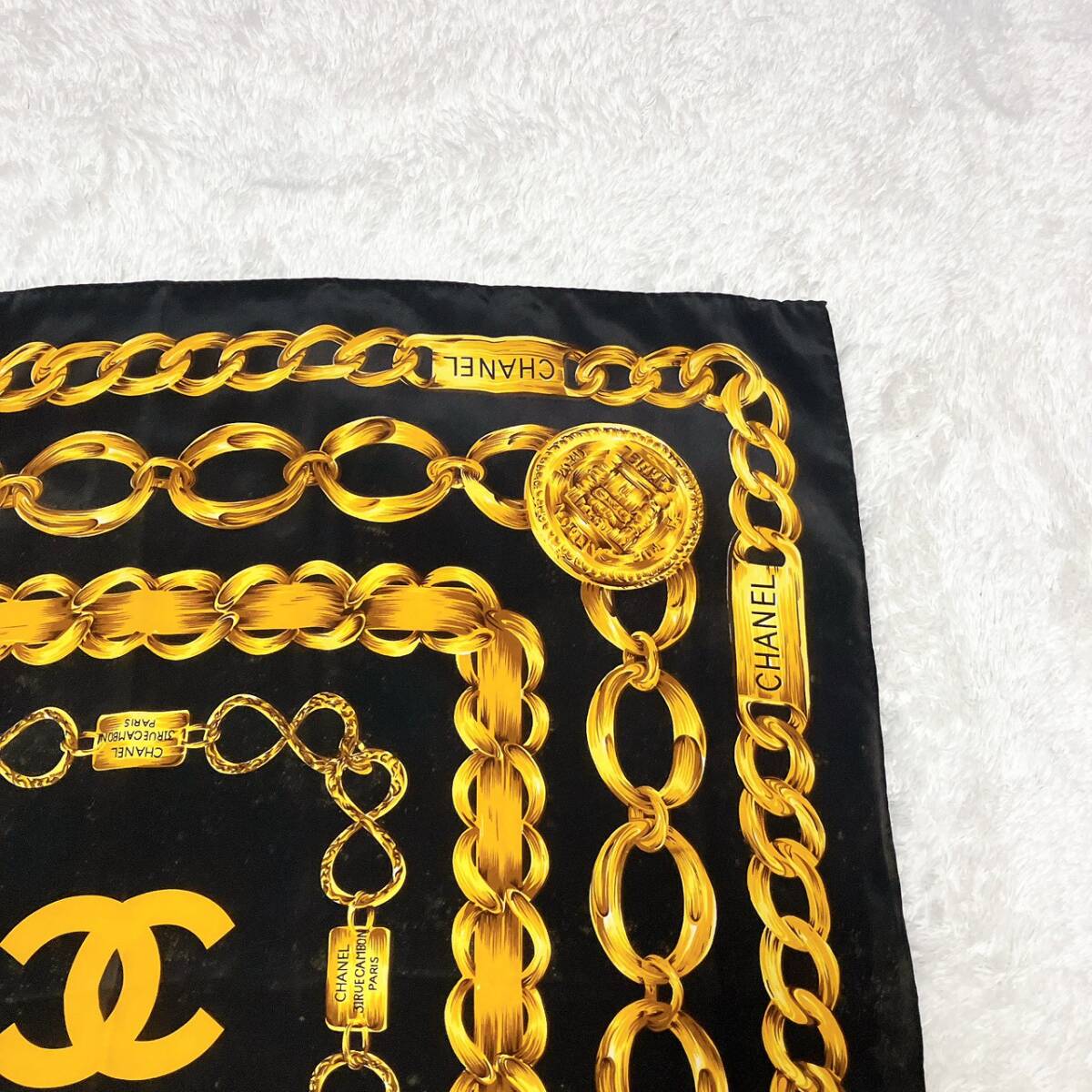 CHANEL シャネル シルク スカーフ チェーン柄 ヴィンテージ 100