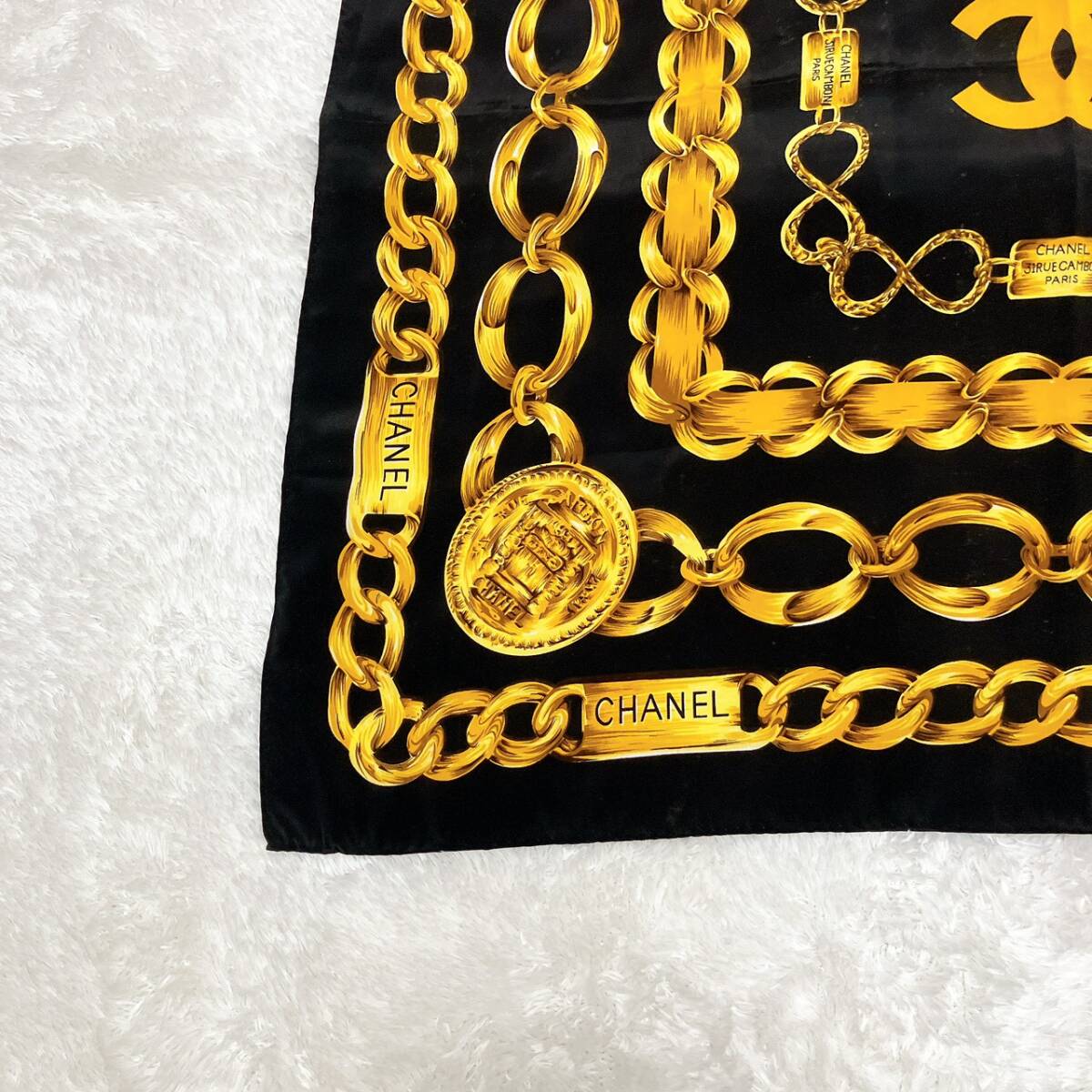 CHANEL シャネル シルク スカーフ チェーン柄 ヴィンテージ 100