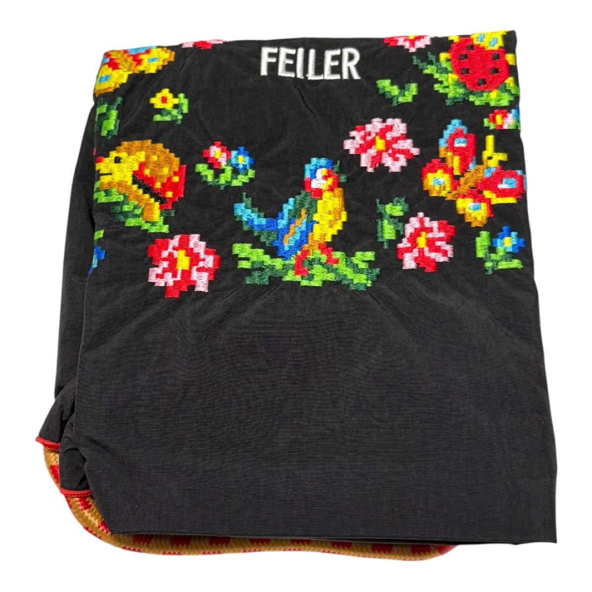 FEILER フェイラー エコバッグ 刺繍 花柄 黒 Lサイズ ブラック 買い物