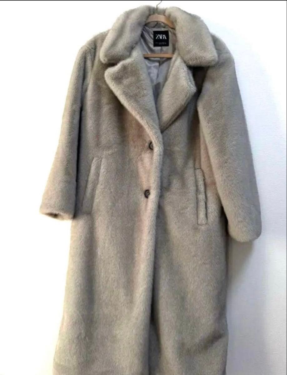 美品ZARA ザラ ロング丈テディベア フェイクファーコート グレー系 S