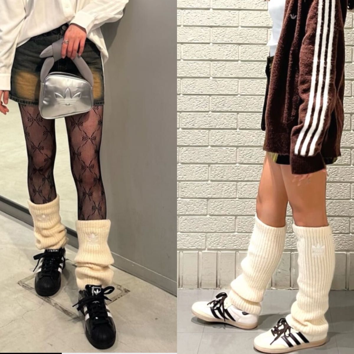 新品】 白黒2点 アディダスadidasリブ編みレッグウォーマー ルーズ
