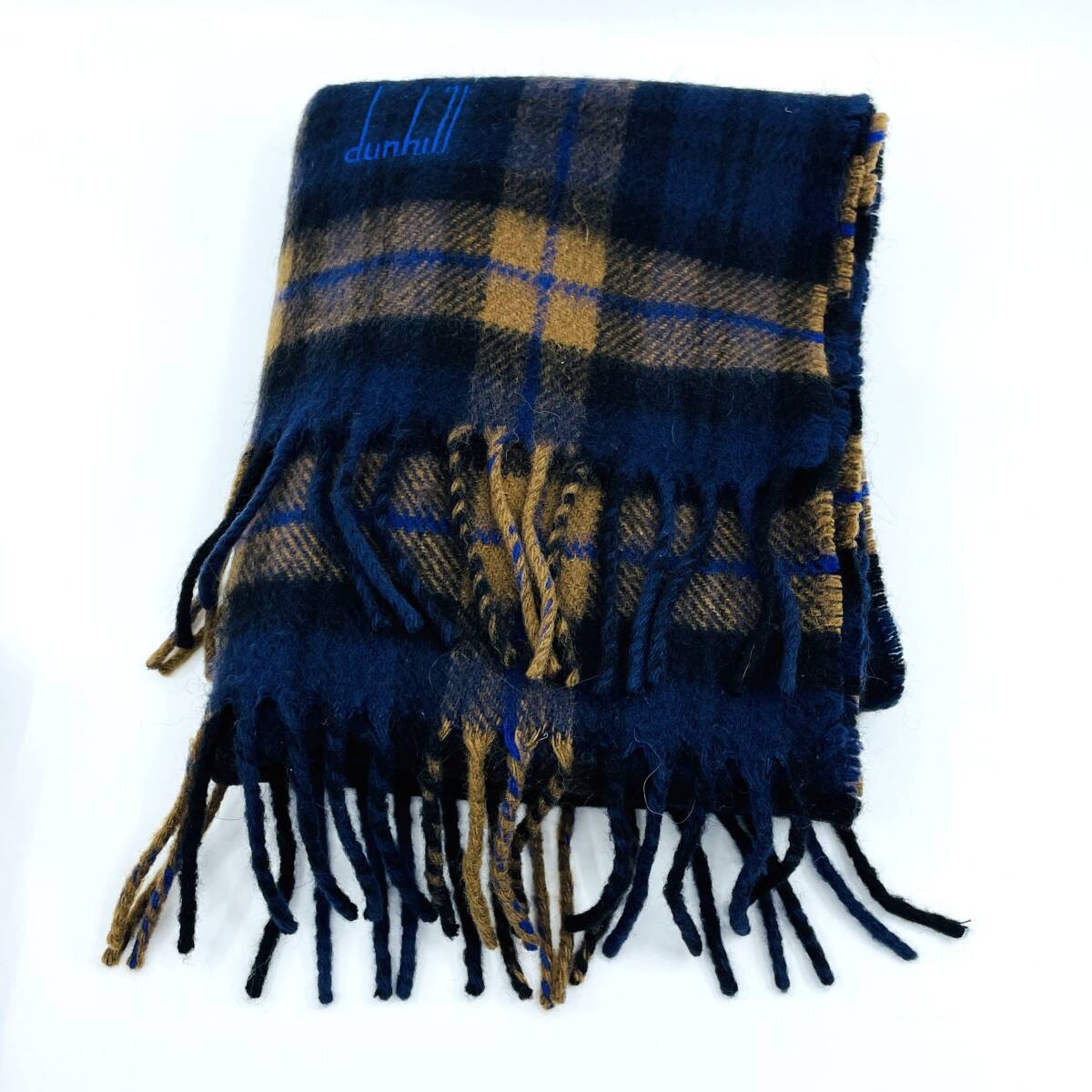dunhill ダンヒル カシミヤ100％ マフラー チェック柄 ロゴ刺繍 ブルー