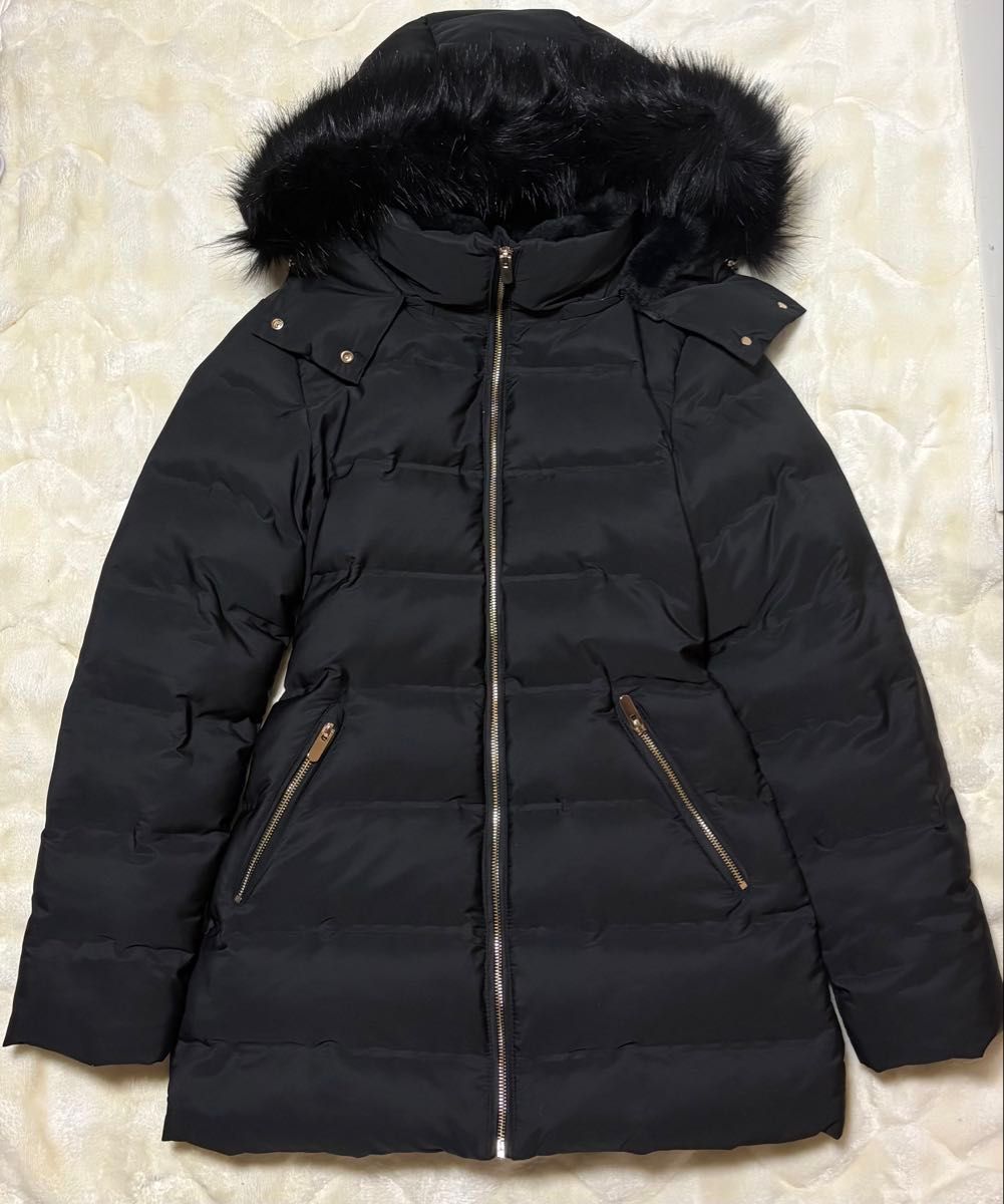 美品 ZARA セミロング丈フード付きダウンジャケット 黒 S ザラ ダウン