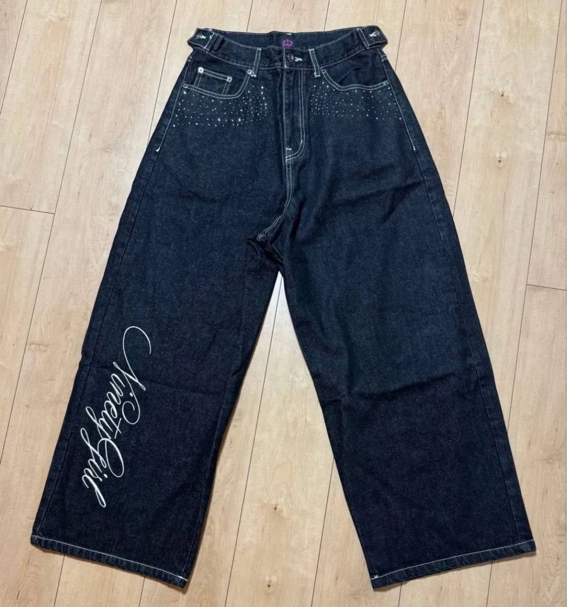 9090 girlFeather logo Studs Buggy Denim Pants M ブラック｜Yahoo