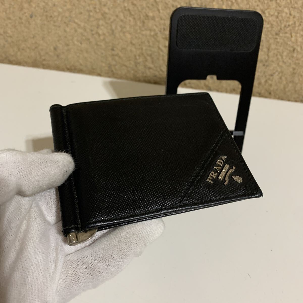 良品 PRADA プラダ サフィアーノ ブラック マネークリップ 二つ折り