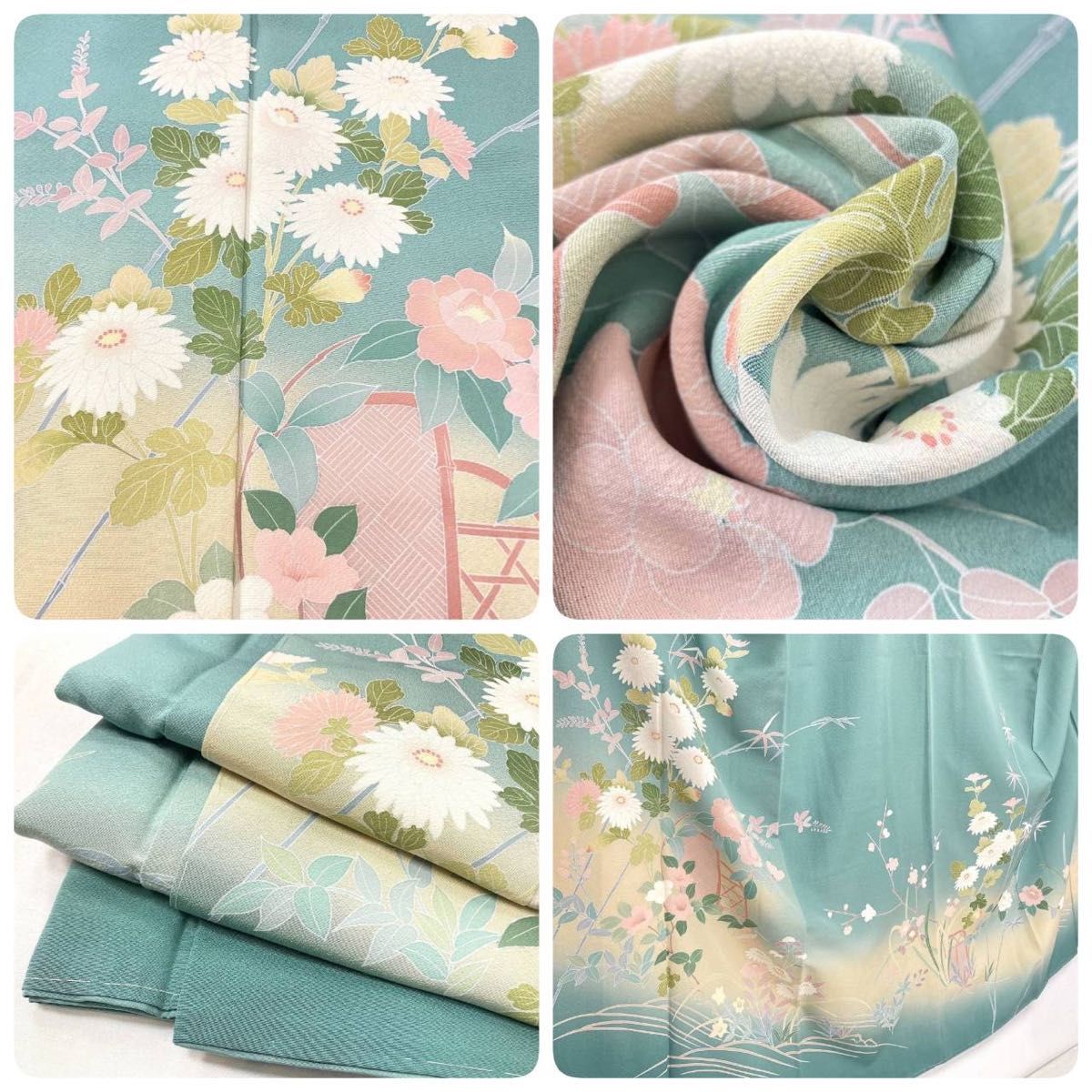 未使用 手描き友禅 訪問着 袷 四季の花々 正絹 青緑 青 クリーム 白