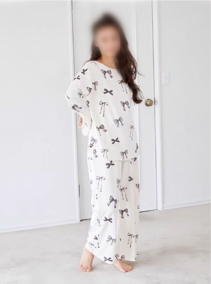 新品 ジェラートピケ リボン ルームウェア 長袖 長ズボン上下セット