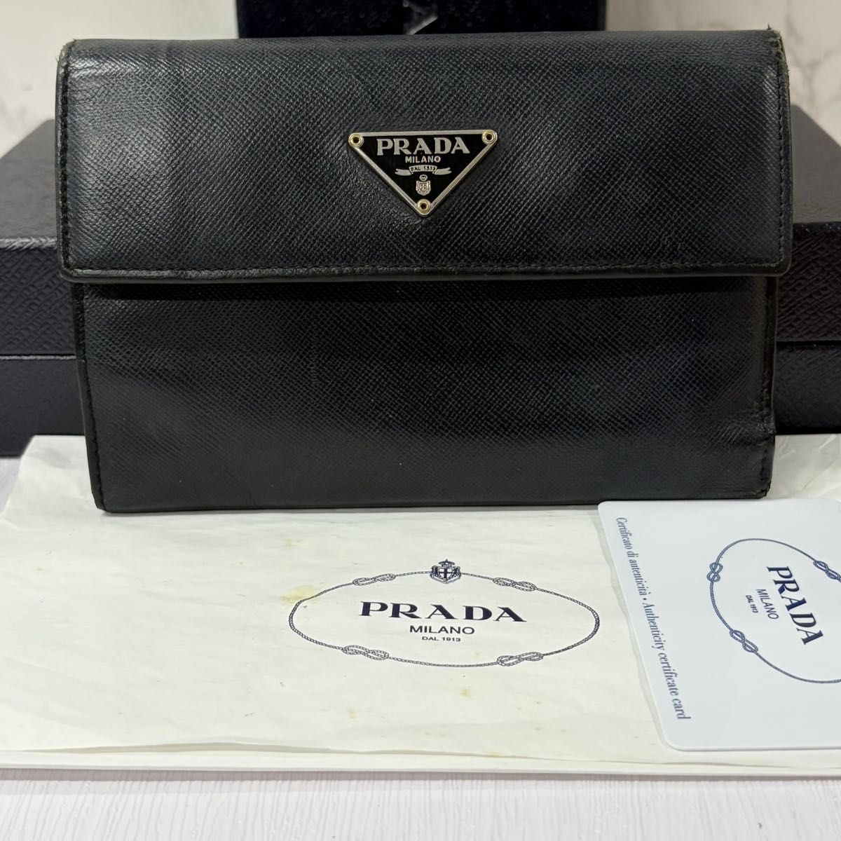 良品 プラダ PRADA 財布 三つ折り 折り財布 サフィアーノ 三角ロゴ