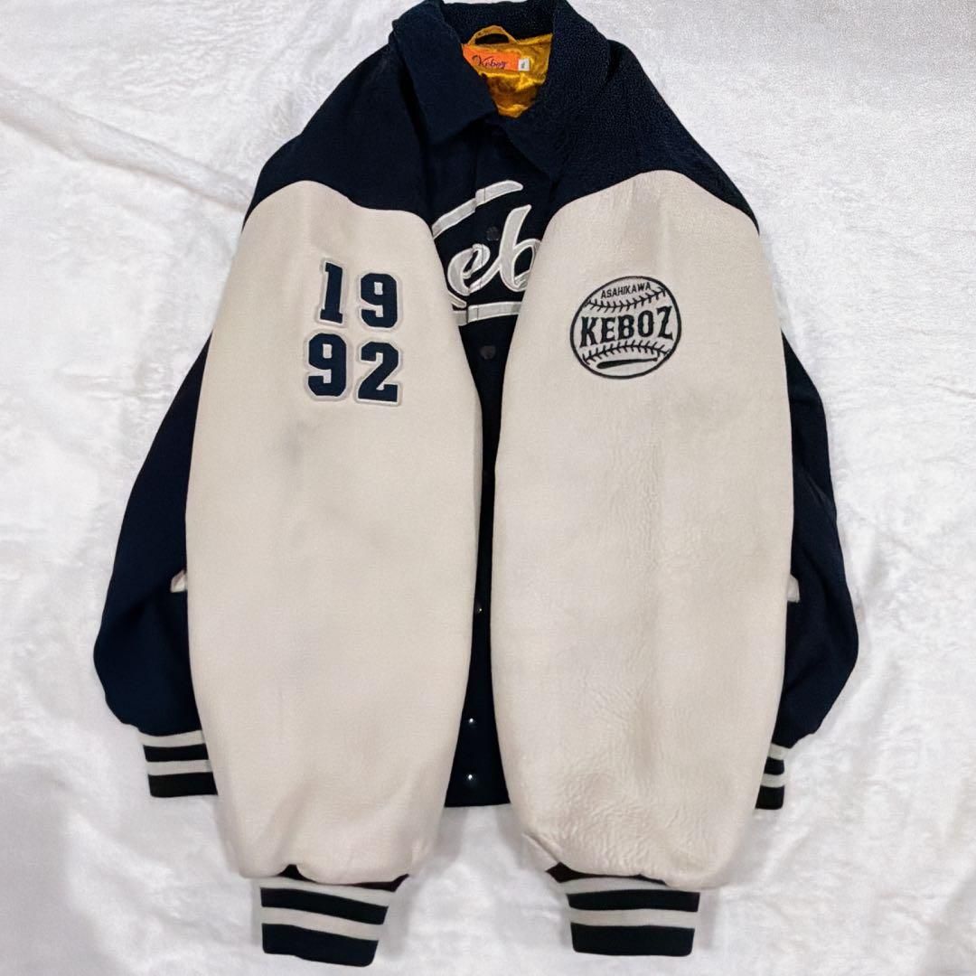 Keboz メルトン&レザー スタジャン XL ネイビー バーシティジャケット