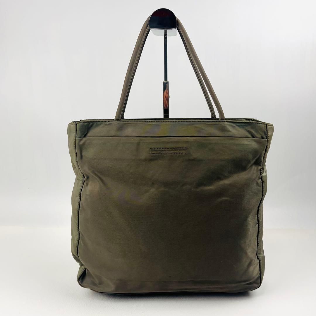 美品 PRADA プラダ トートバッグ 肩掛け 三角ロゴプレート カーキ A4