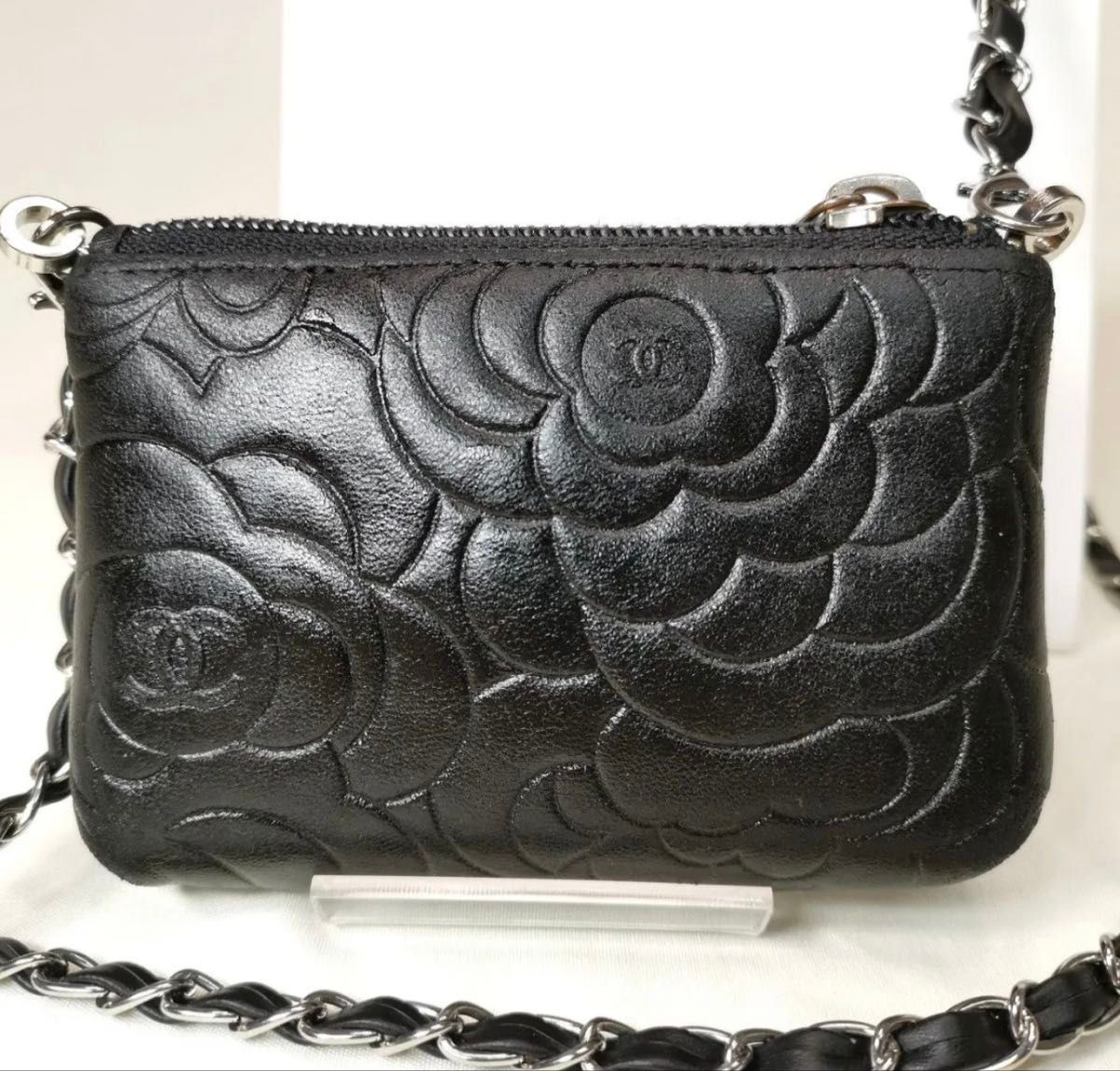 CHANELシャネル カメリア柄 ココマーク ショルダーミニバッグ 黒