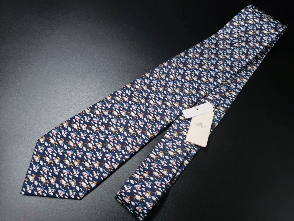 未使用新品】HERMES エルメス ネクタイ 紺 ブルー 馬 ジョッキー 雲