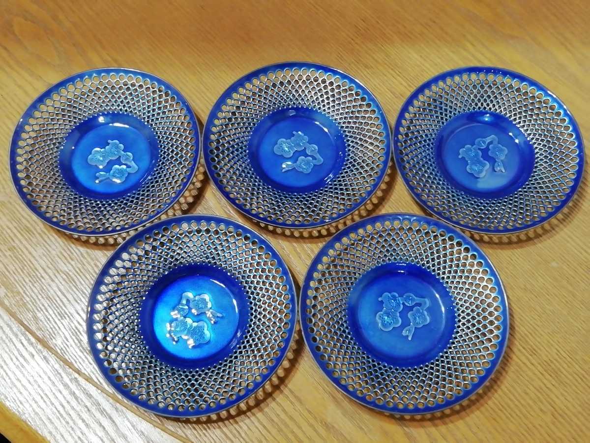 未使用 レース 七宝焼 5枚 藍色 紺色 透かし 細工 美術 茶托 青色 小皿