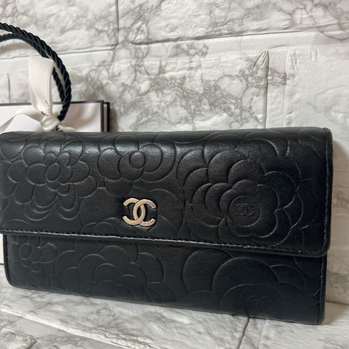 CHANEL カメリア 長財布 ブラック シルバー 花柄 型押し｜Yahoo!フリマ