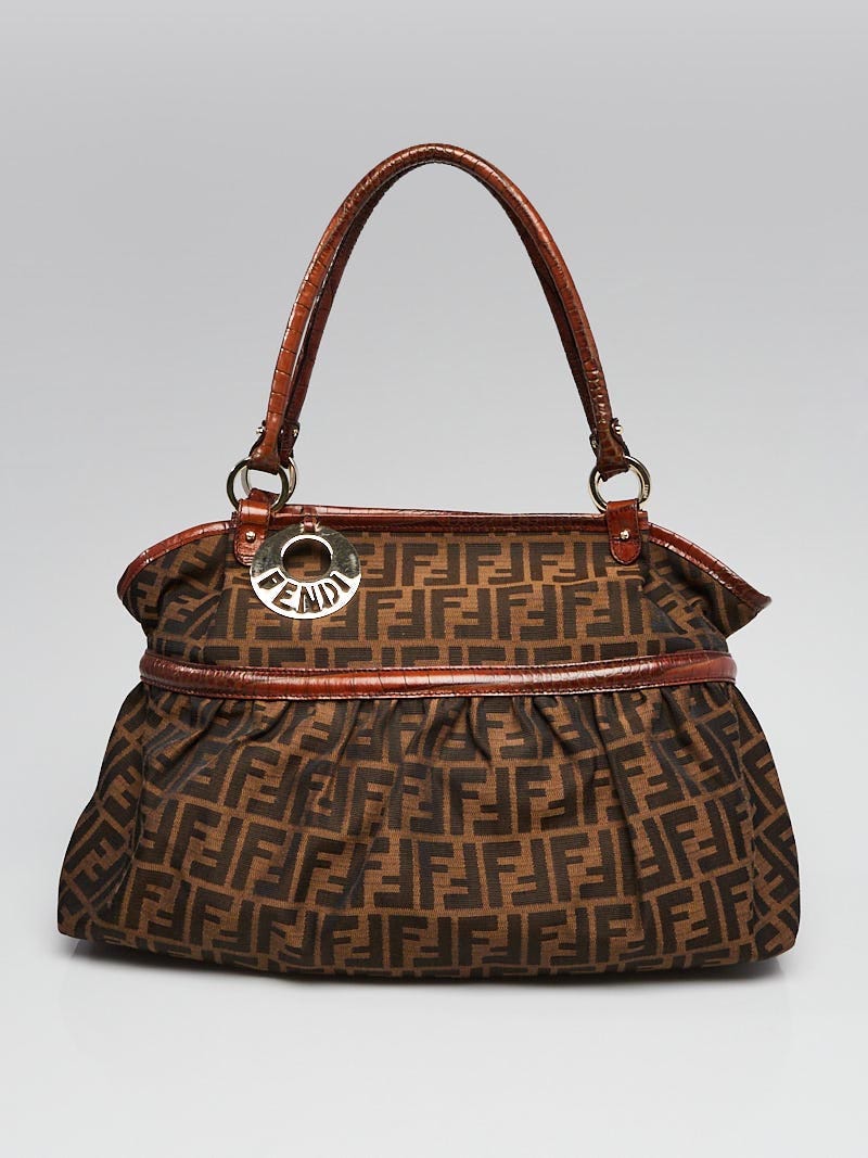 Fendi Tobacco Zucca Print Croc Embossed Leather Chef Large Tote