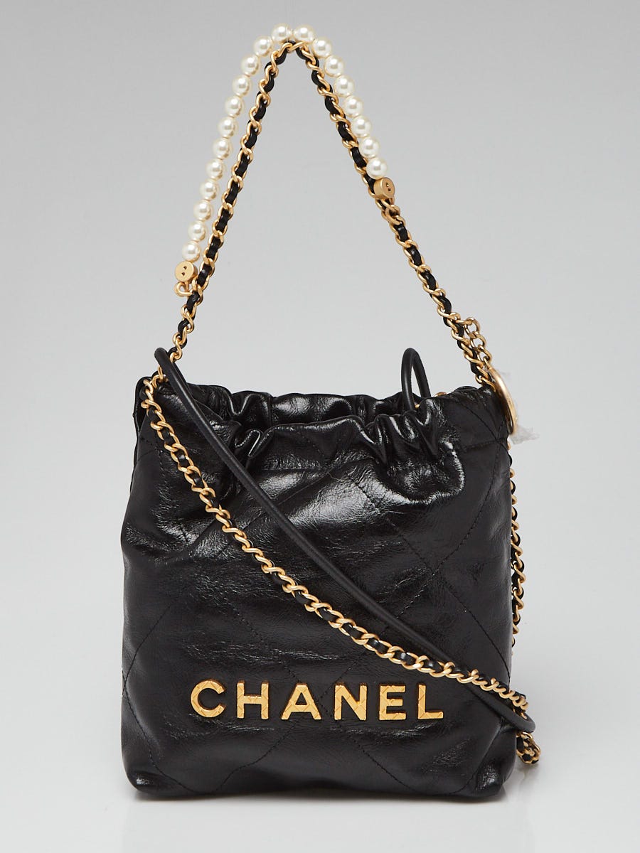Chanel Black Quilted Shiny Calfskin Leather Pearl Strap Chanel 22