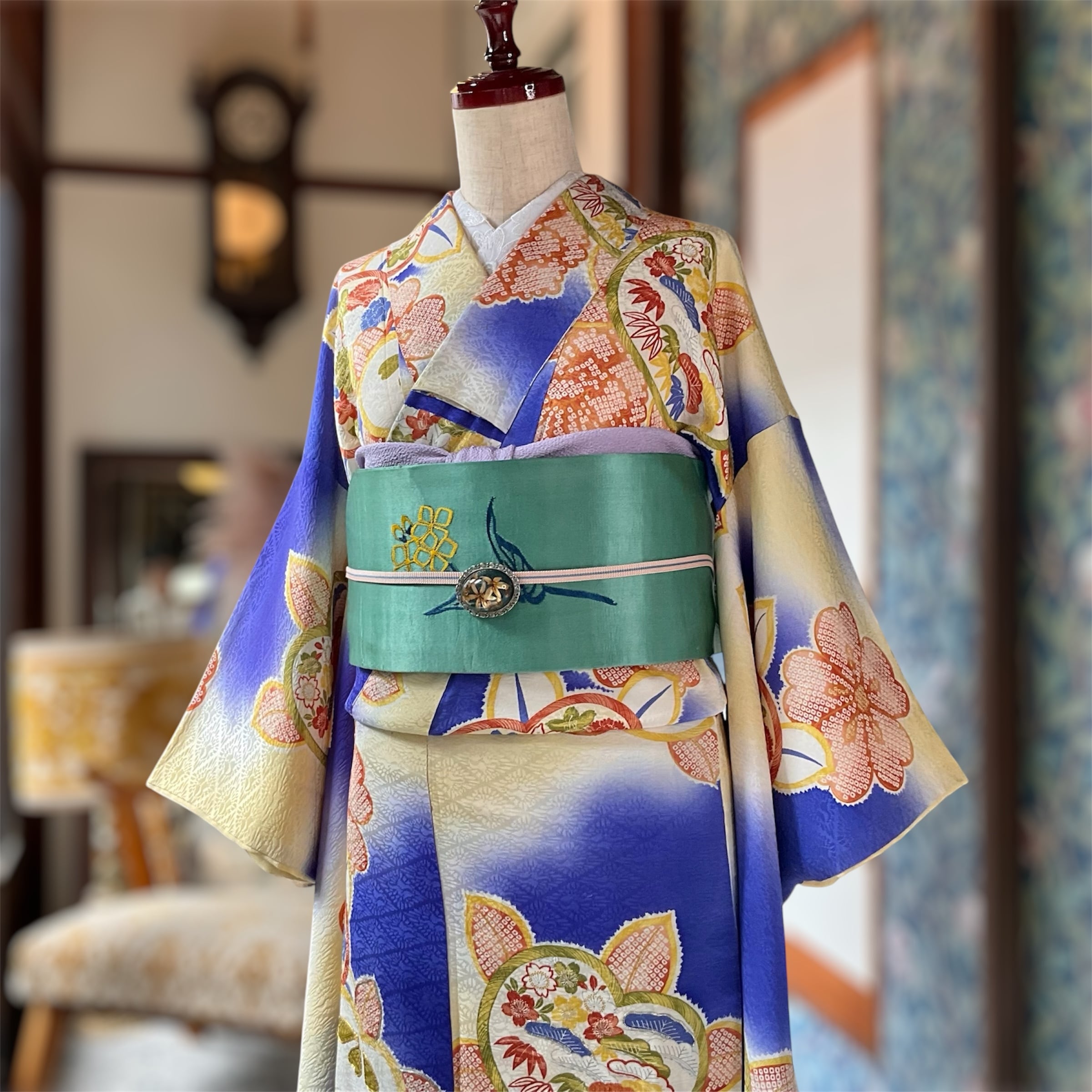 鶏と菜花＊にわとり 刺繍 鳥 花 繻子 グリーン 緑 アンティーク名古屋