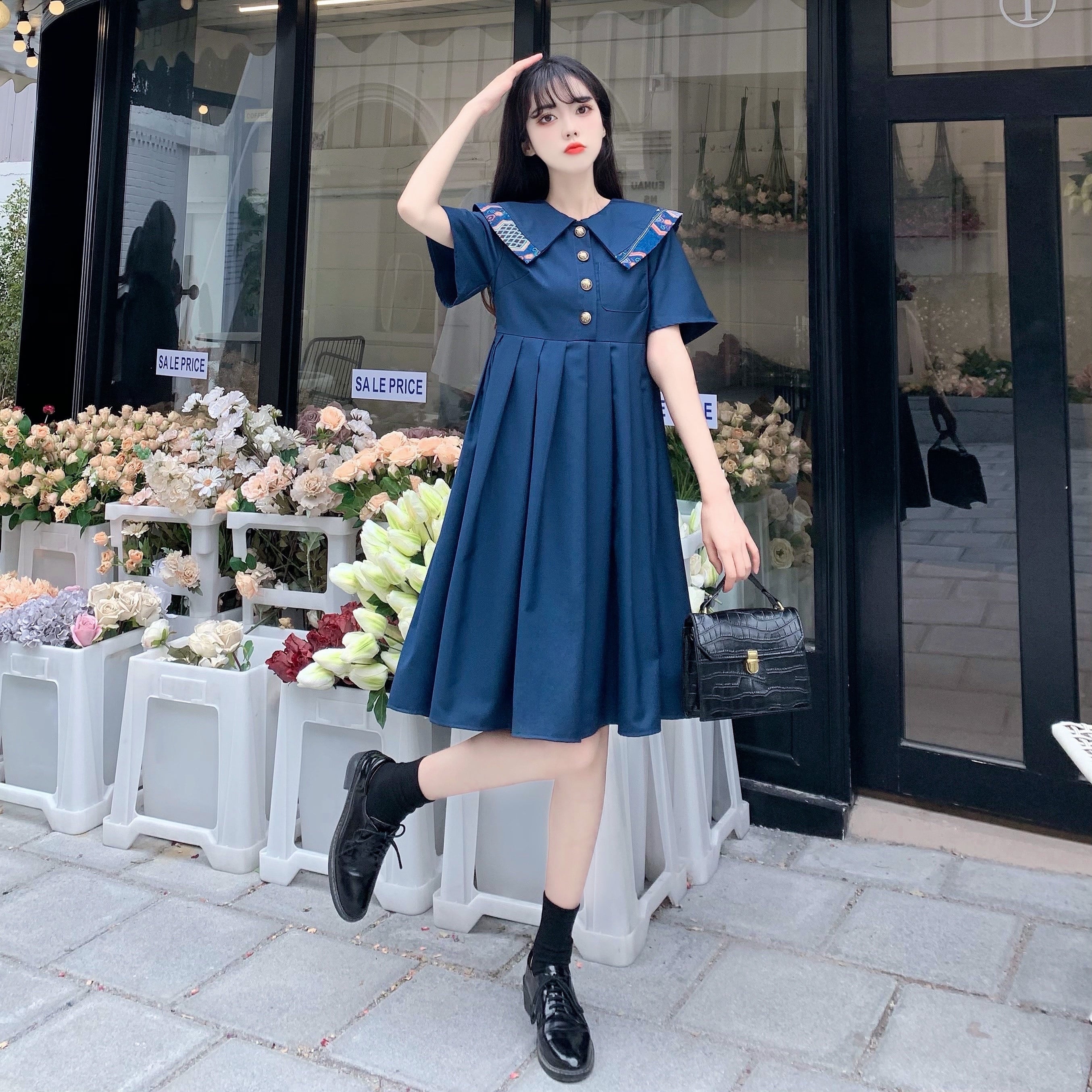 ワンピース 襟 ネイビー 膝丈 半袖 夏 プリーツ 大きいサイズ