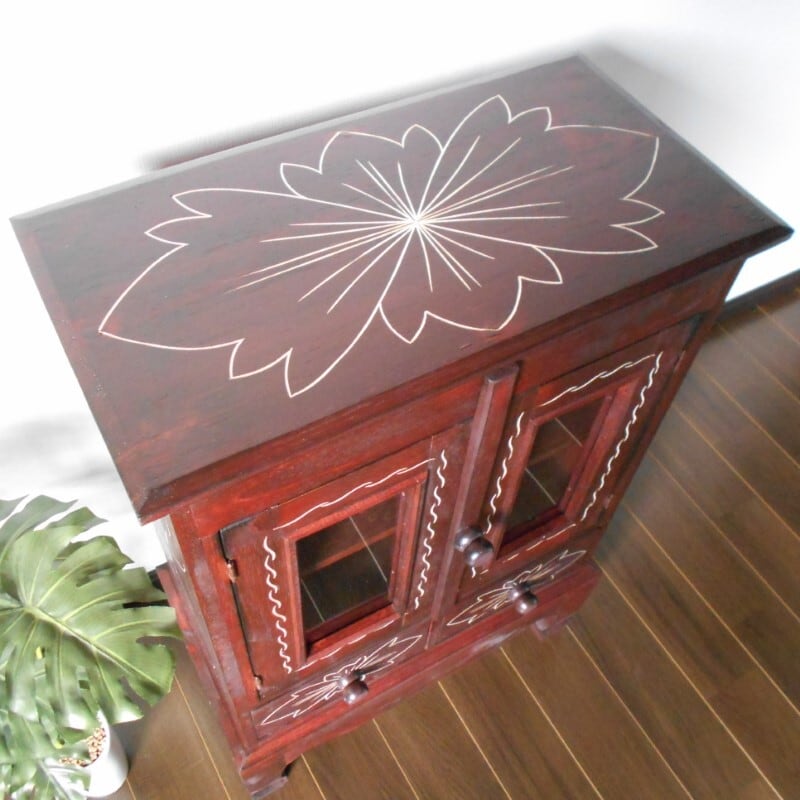 アジアン家具 バリ家具 花柄模様 猫足 キャビネット 収納家具 完成品