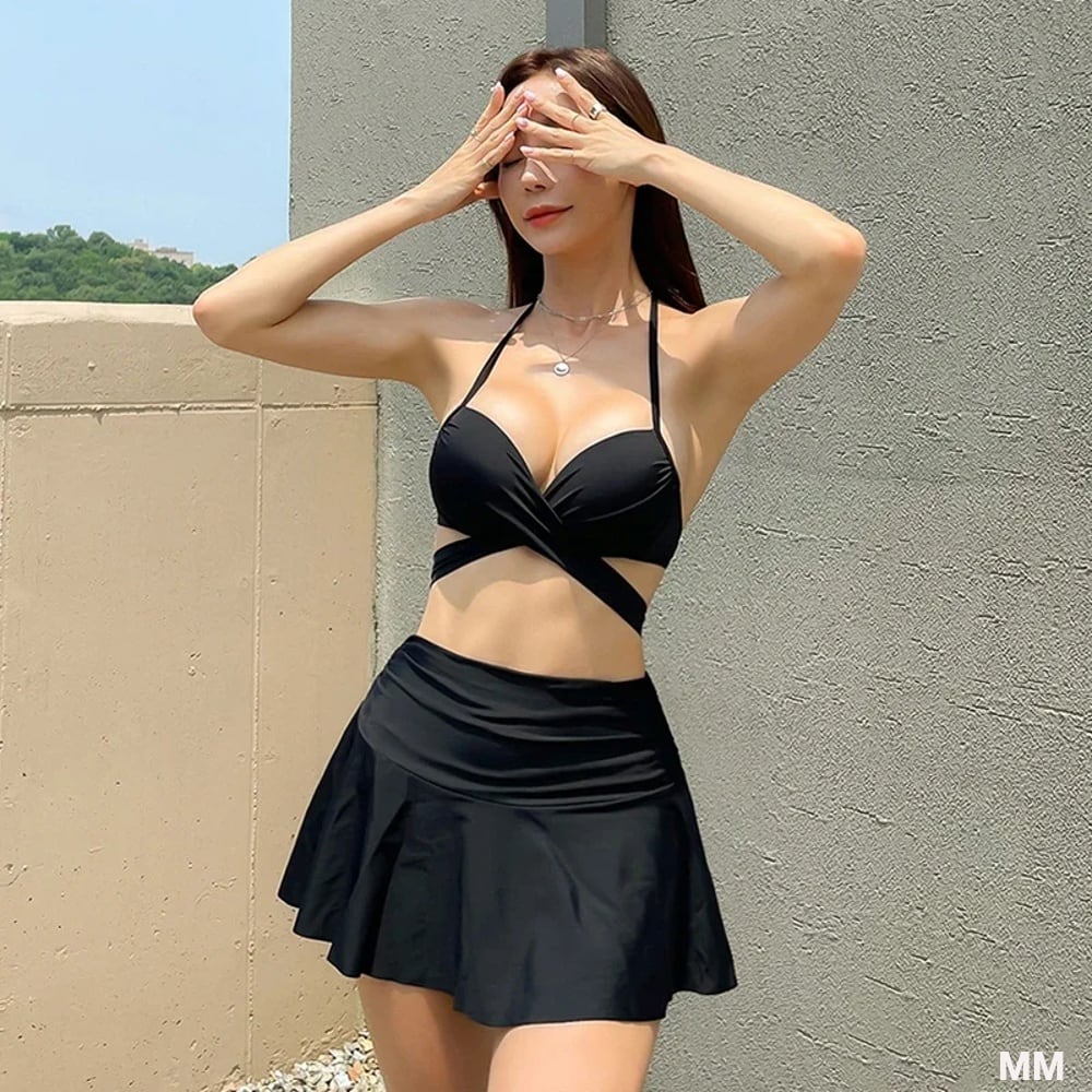 スカート付きのセクシーな腕立て伏せ水着,黒と赤の水着,韓国スタイルの