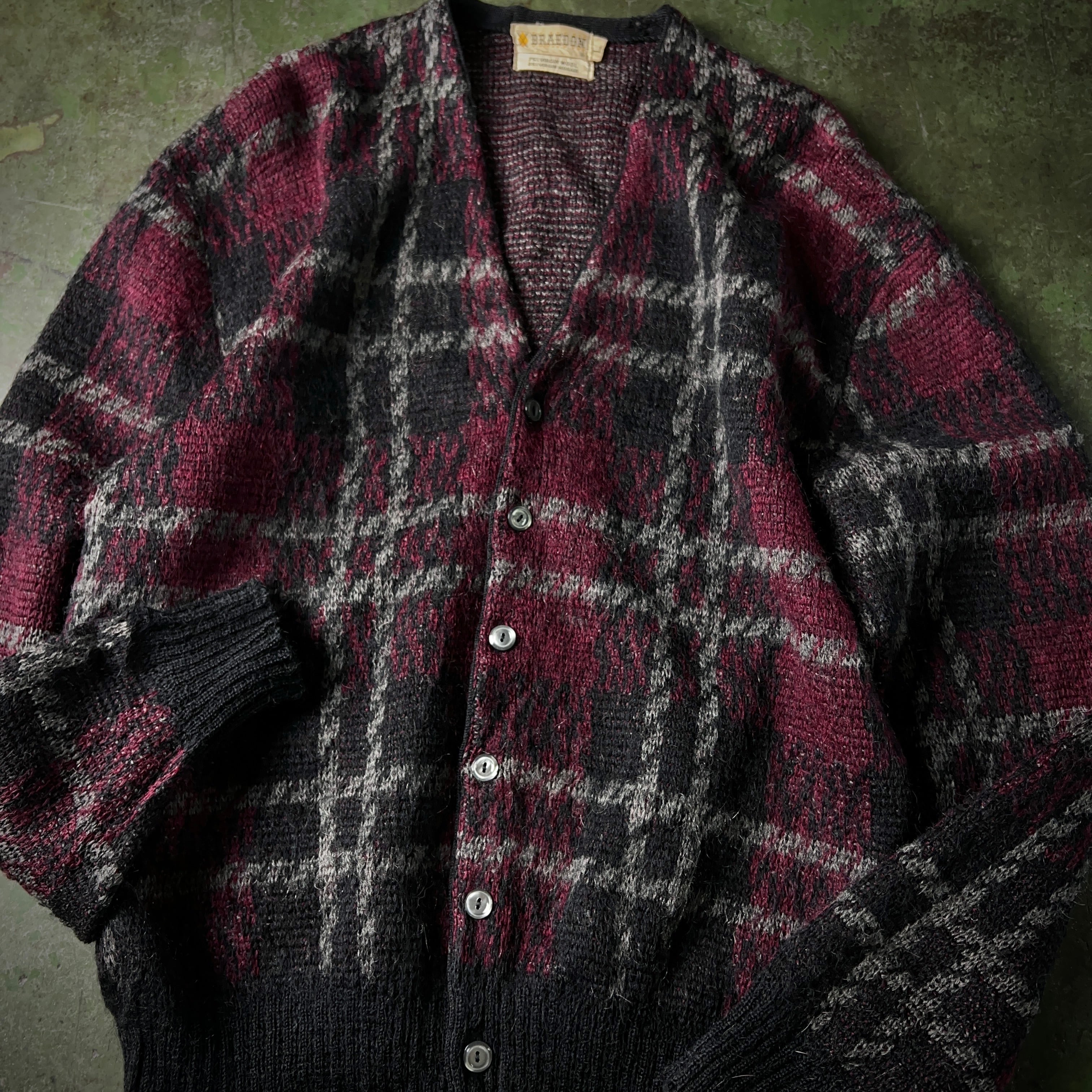 60's Wool×Mohair Knit Cardigan Plaid SIZE L 60年代 ウール×モヘア