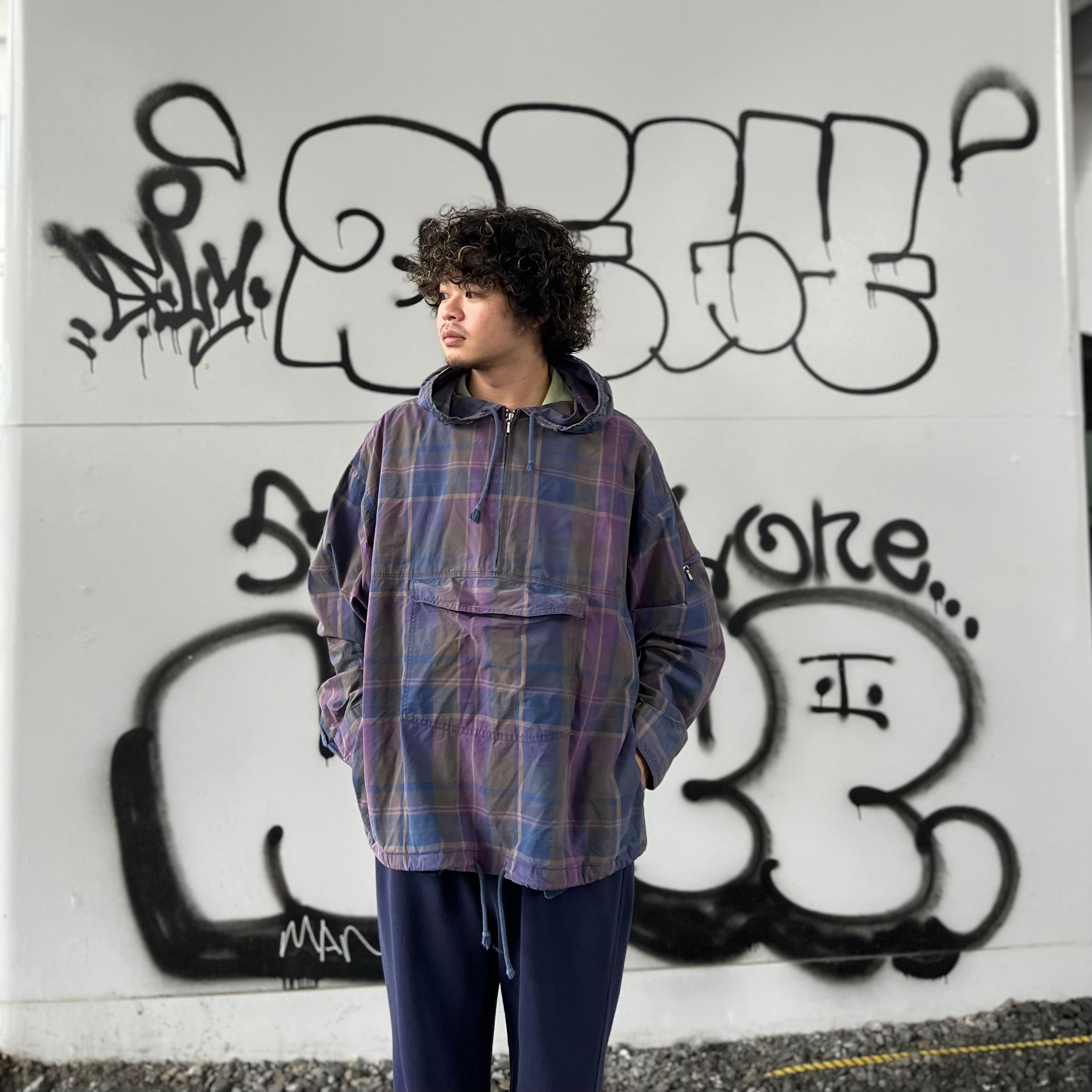 L』OLD GAP アノラックパーカー ハーフジップ チェック ドローコード