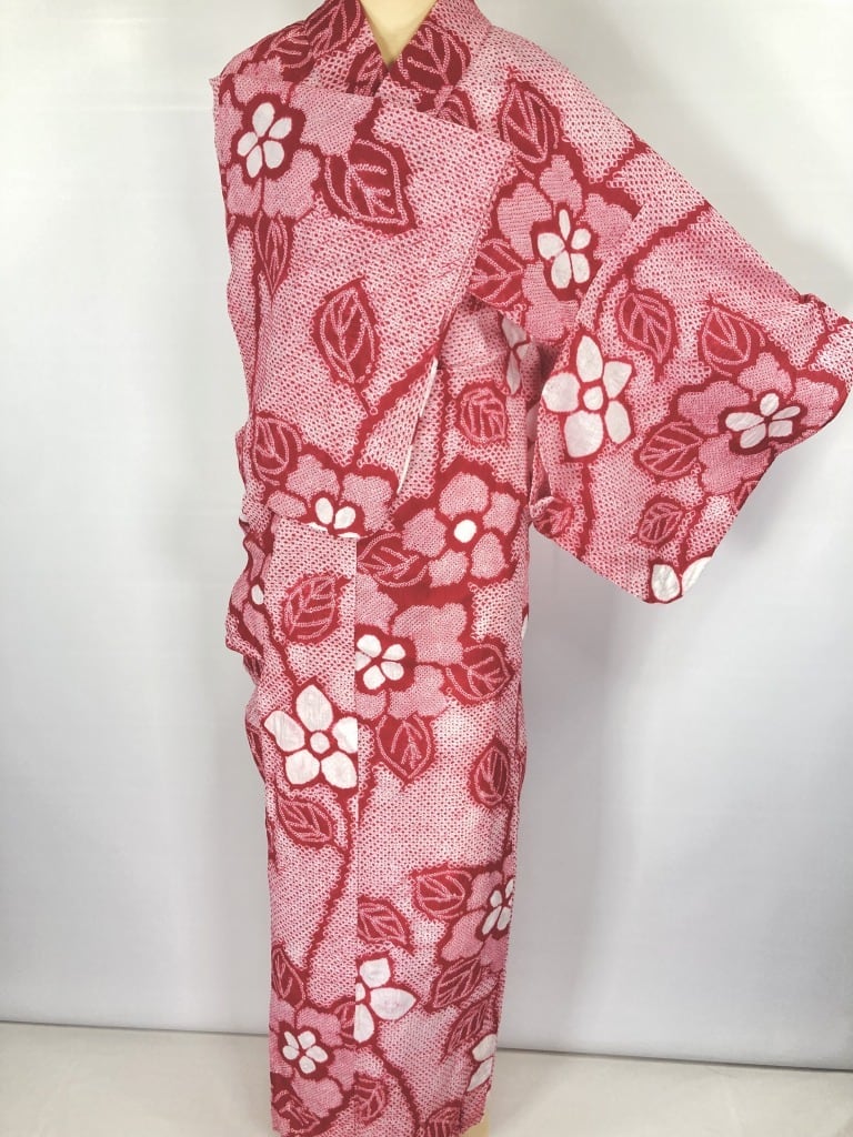 有松絞り【浴衣】希少色 花柄 綿 夏着物 有松鳴海絞り 赤 白 紅色