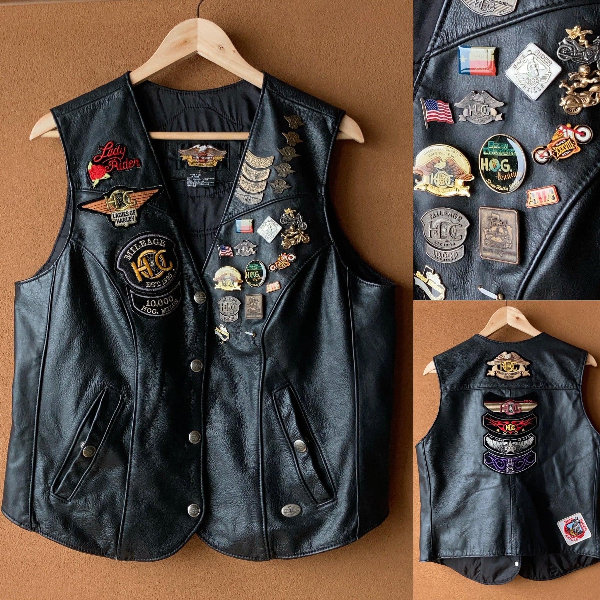 90's Harley-Davidson レザーベスト ワッペン&ピンズ付き モータ