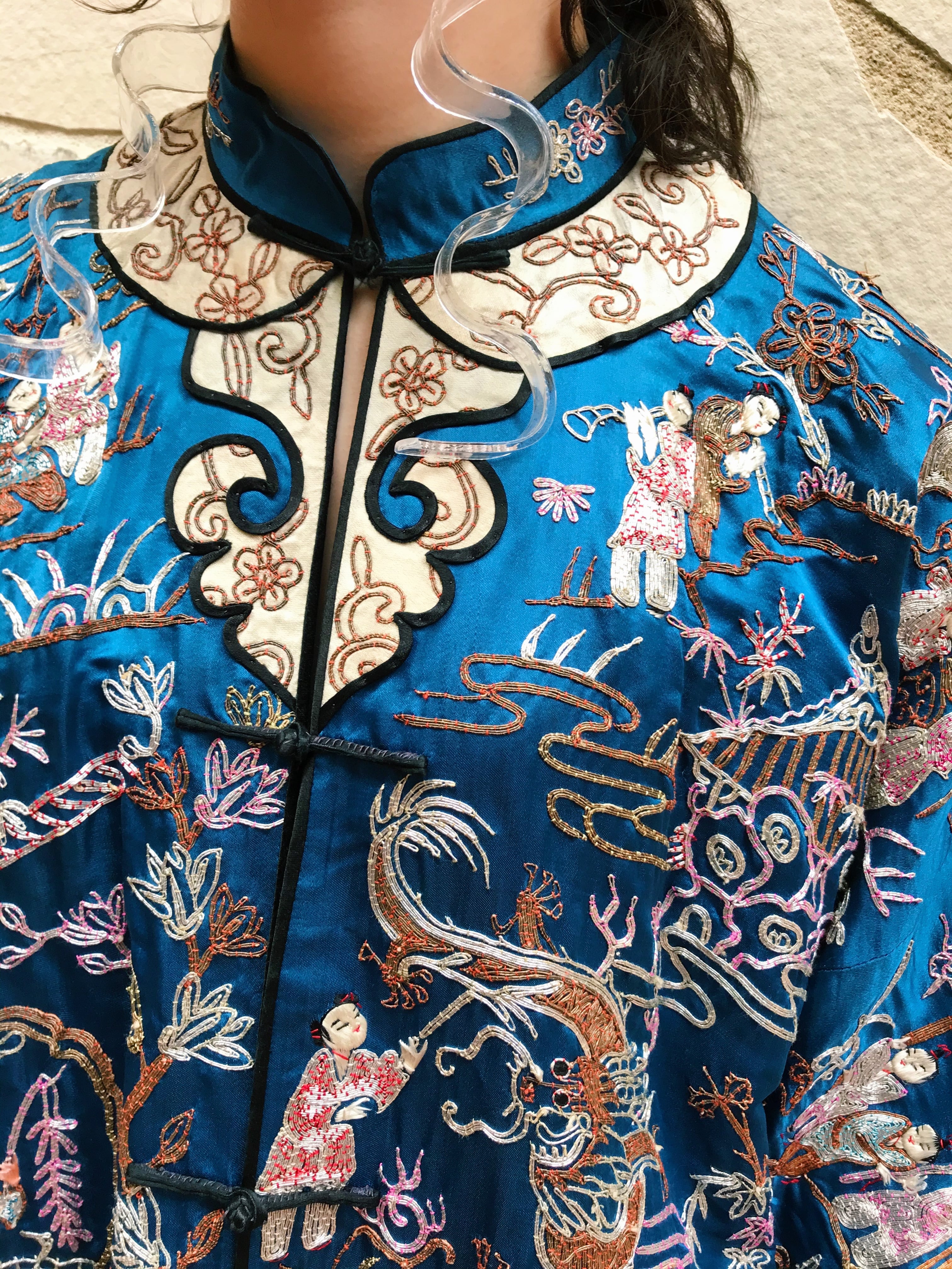 ☆special☆Vintage Chinese blue people embroidery silk jacket
