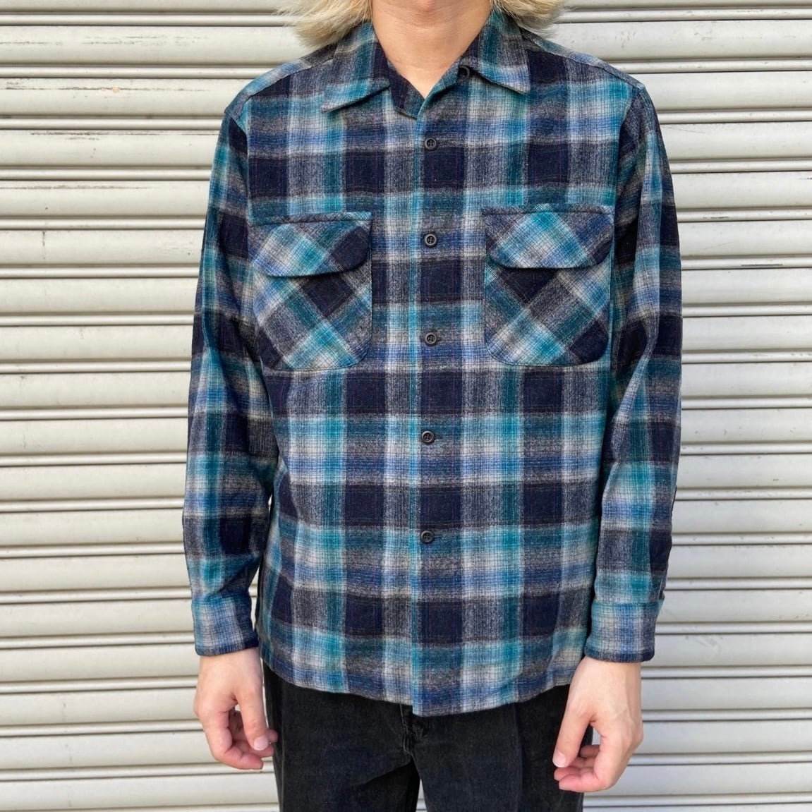 70s Pendleton オープンカラーウールシャツ オンブレシャドーチェック
