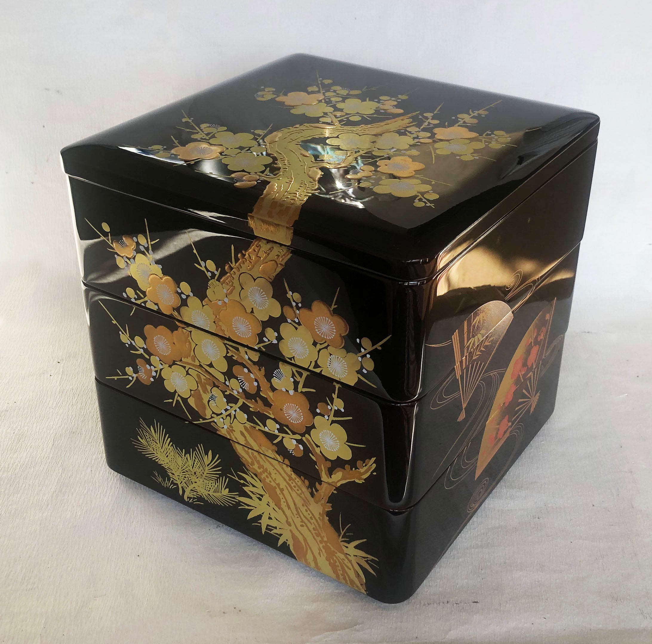 重箱 おせち 三段重 木製扇面花丸松竹梅蒔絵 溜内朱 6.5寸 20cm 漆器
