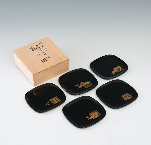 輪島塗 色紙五聖蒔絵 銘々皿 川原秀 共箱 菓子皿 角皿 おせちの取り皿