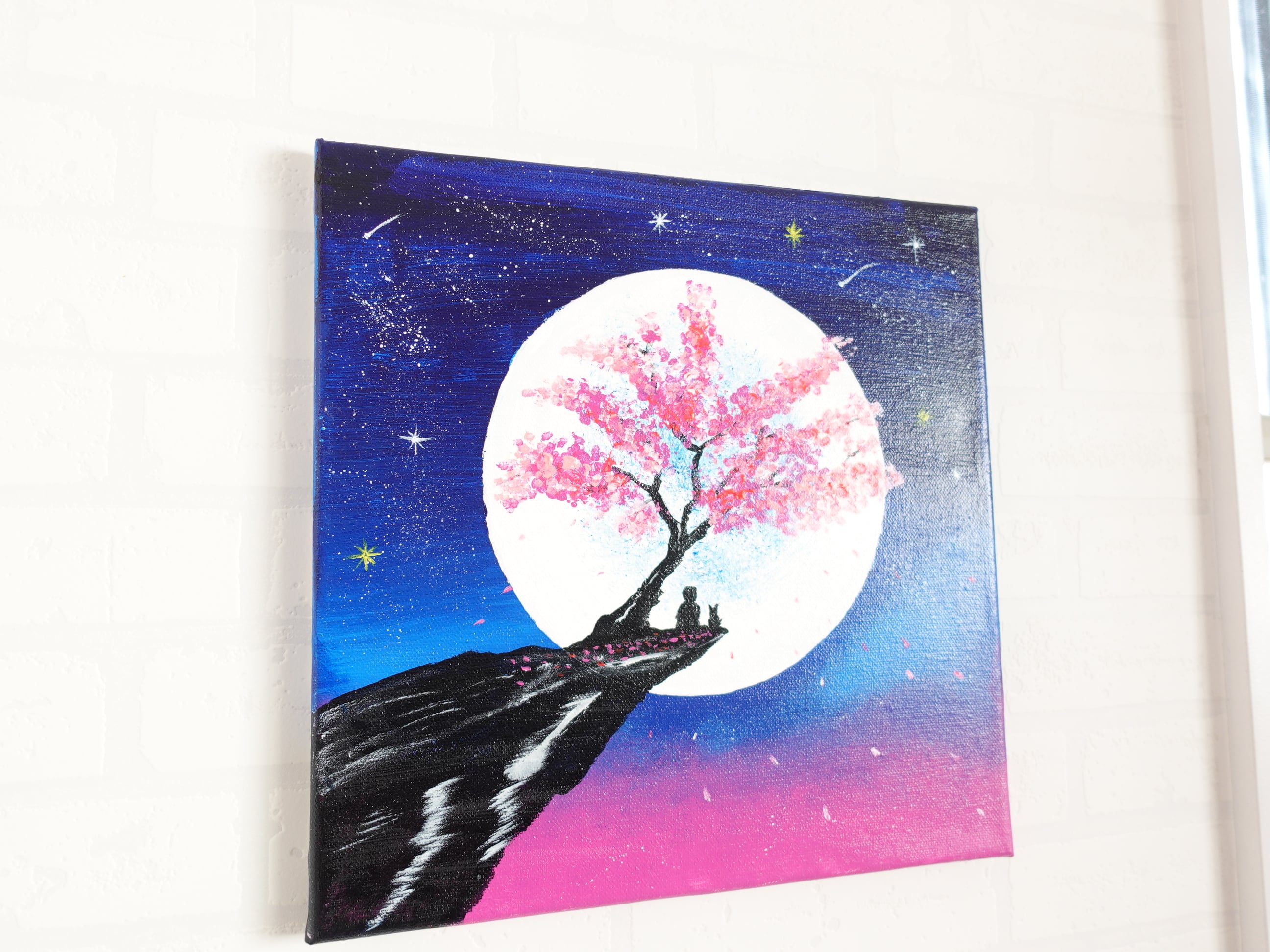 桜と月を見上げる少年と犬【アクリル画】原画・イラスト 30×30センチ