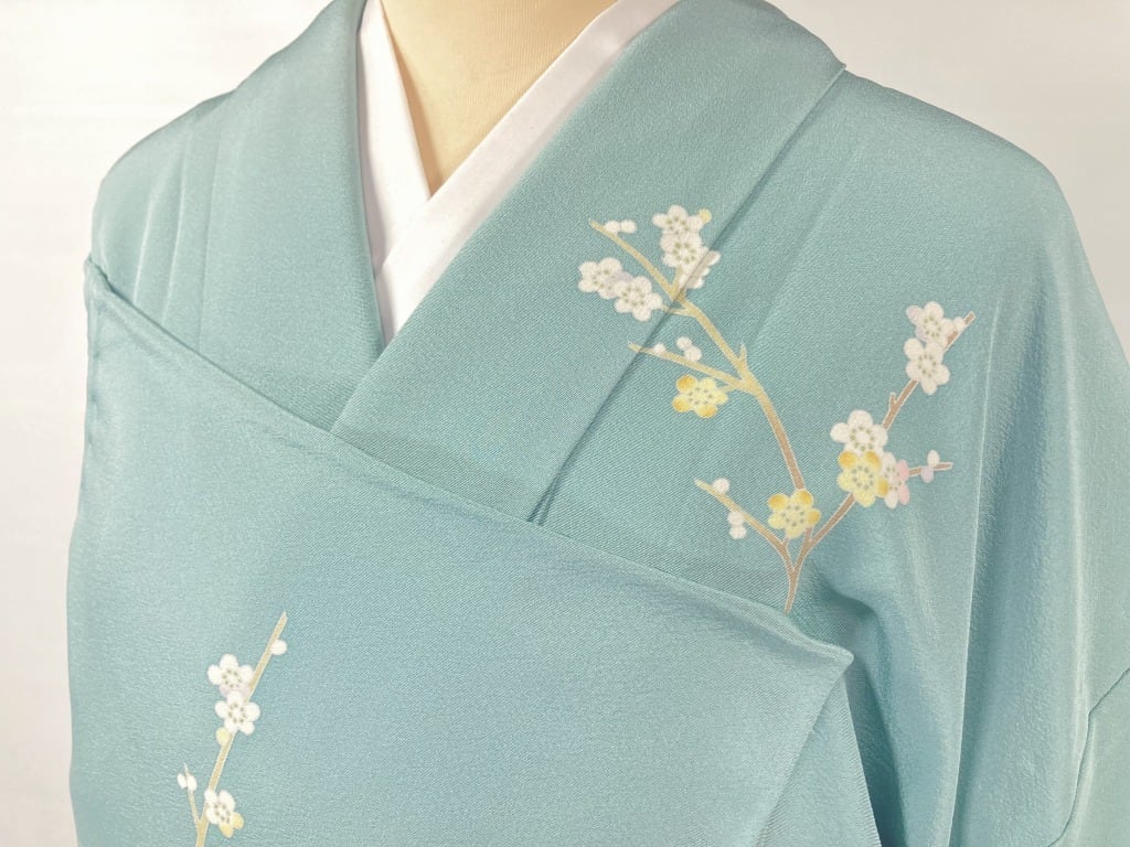単衣】作家物 落款 手描き友禅 訪問着 松竹梅 正絹 青緑 青 花緑青