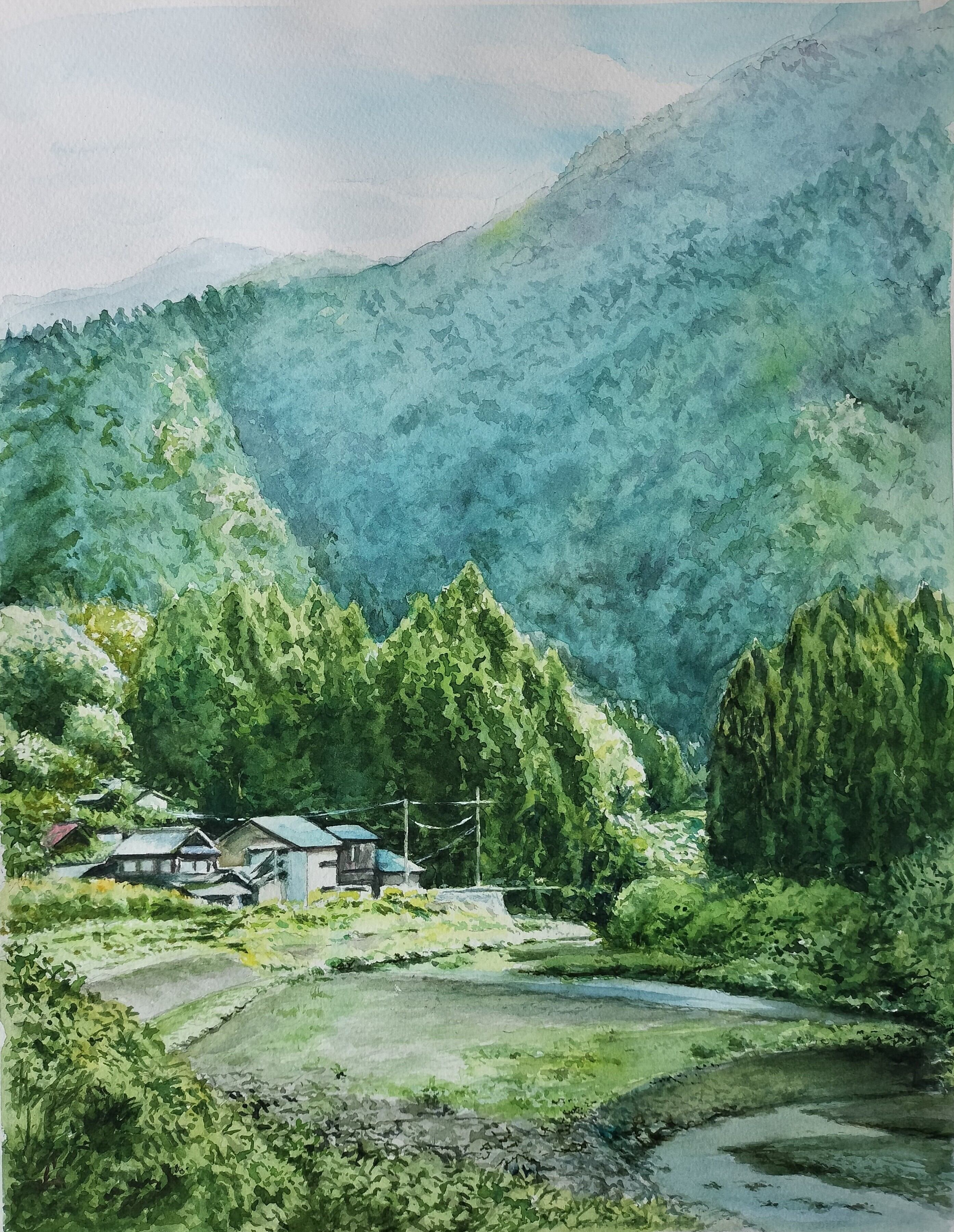 水彩画 風景画 画題「晩秋の川を照らす」 | yamakasumi56