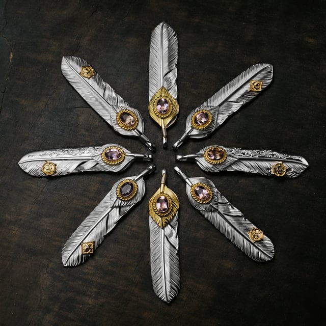 鷲見太郎 Pendant ペンダント】Lフライトフェザー& K18ハートフェザー