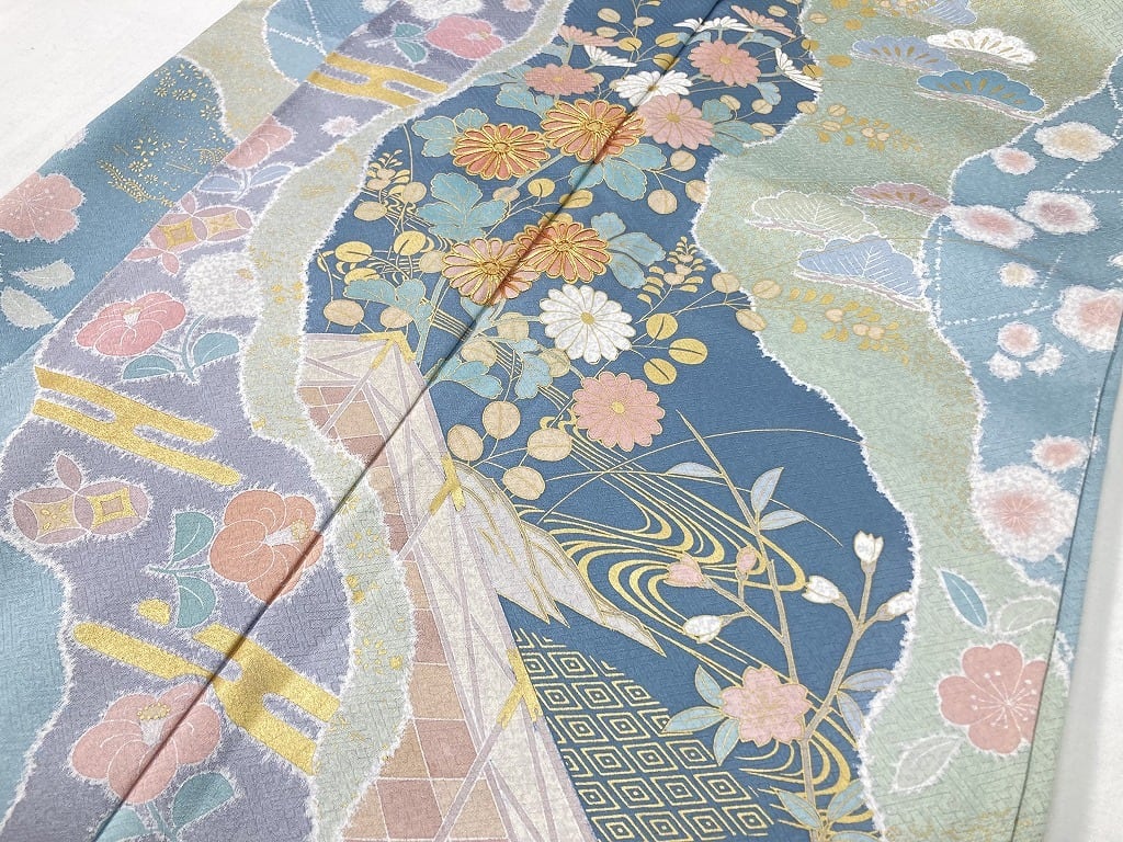 作家物 京友禅 染め分け 金駒刺繍 花柄 訪問着 正絹 水色 黄緑 紫