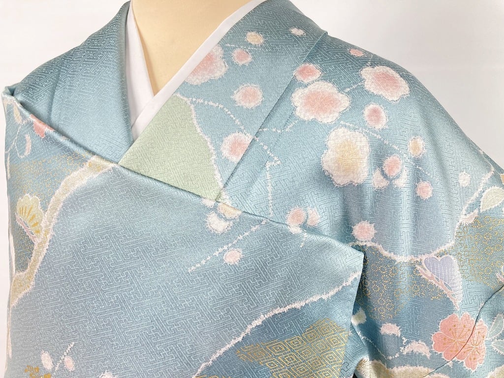 作家物 京友禅 染め分け 金駒刺繍 花柄 訪問着 正絹 水色 黄緑 紫