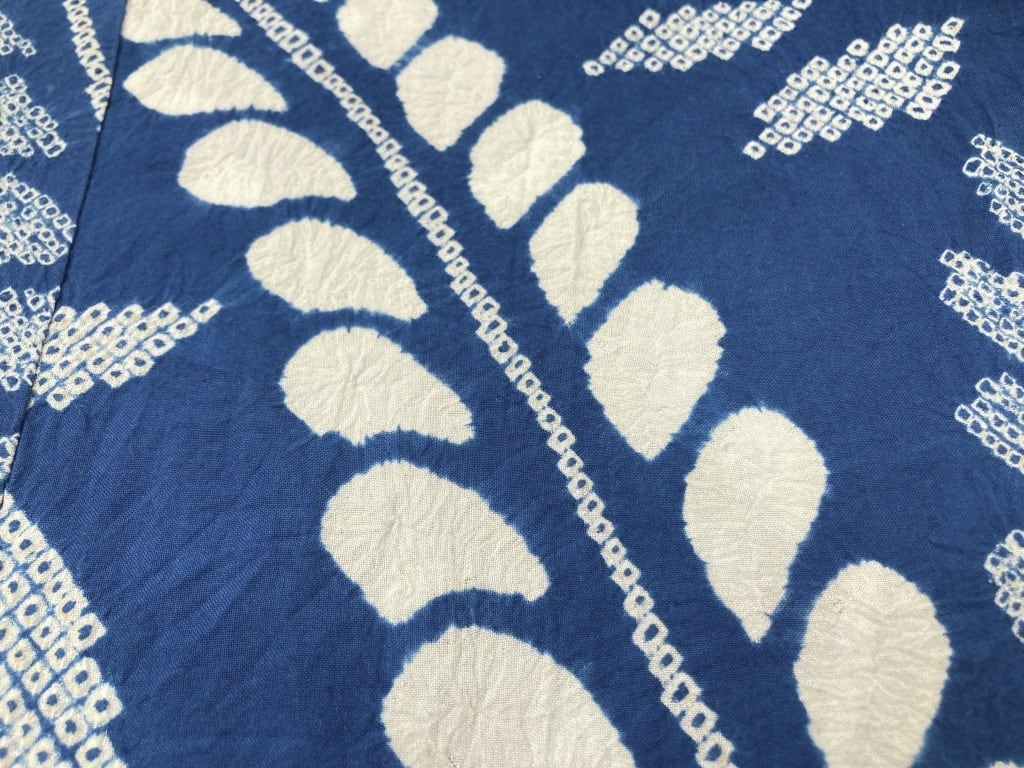 有松絞り【浴衣】希少品 藤の花 綿 夏着物 有松鳴海絞り 青 白 群青色
