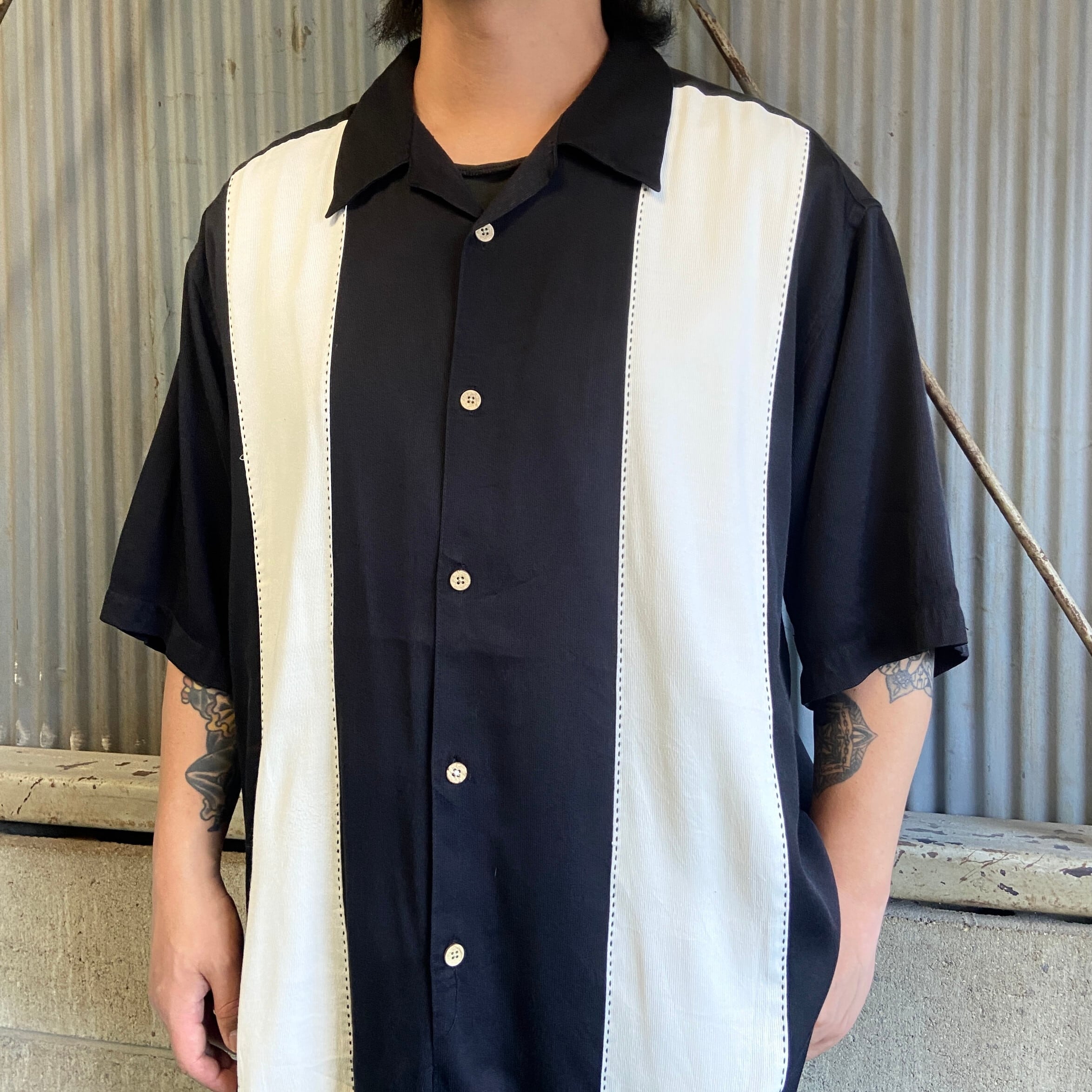 GEORGE 2トーン 切替 開襟シャツ レーヨン オープンカラーシャツ