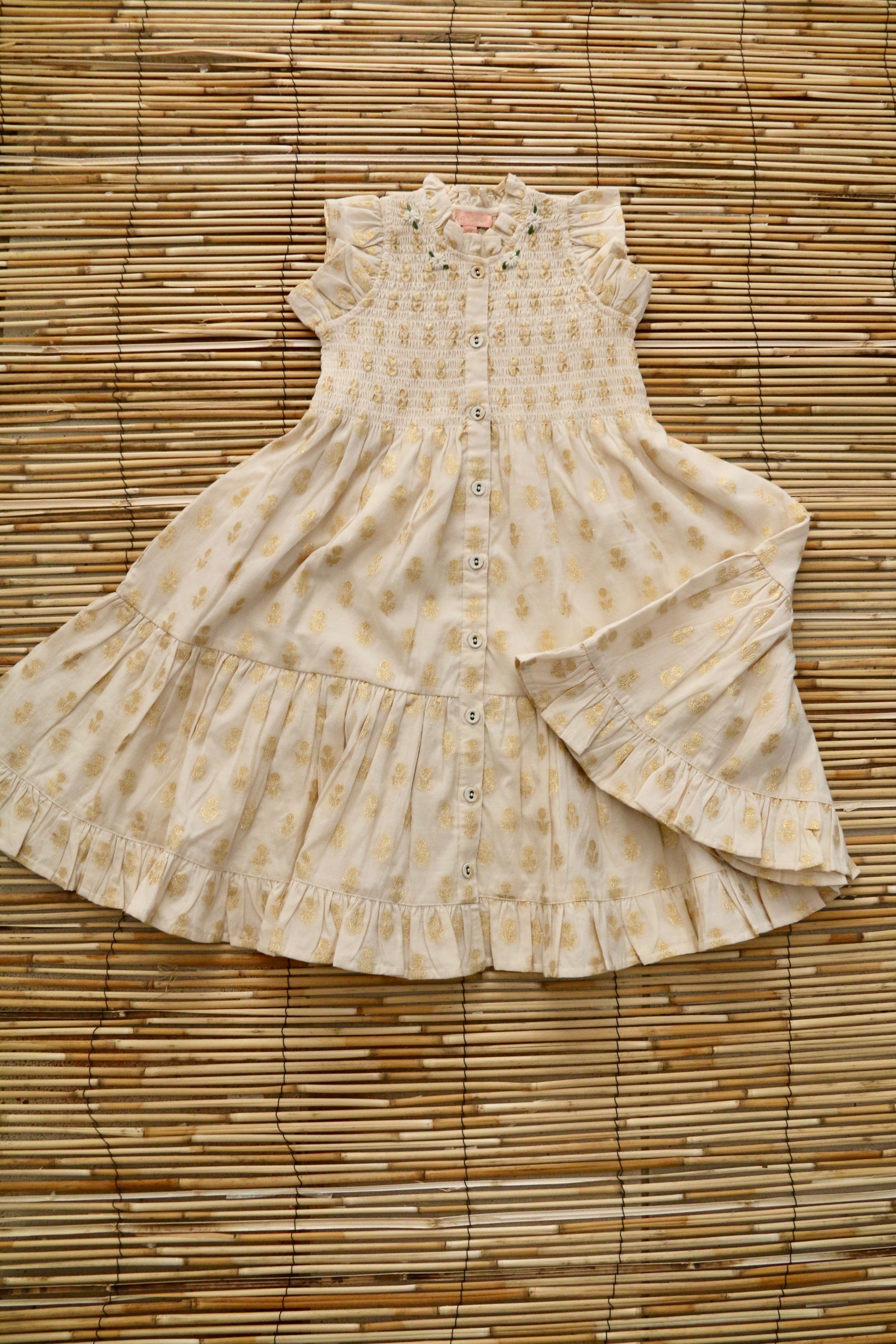 Ibiza Dress Flowers lurex ecru Chanderi 4y,6y / Bonjour Diary