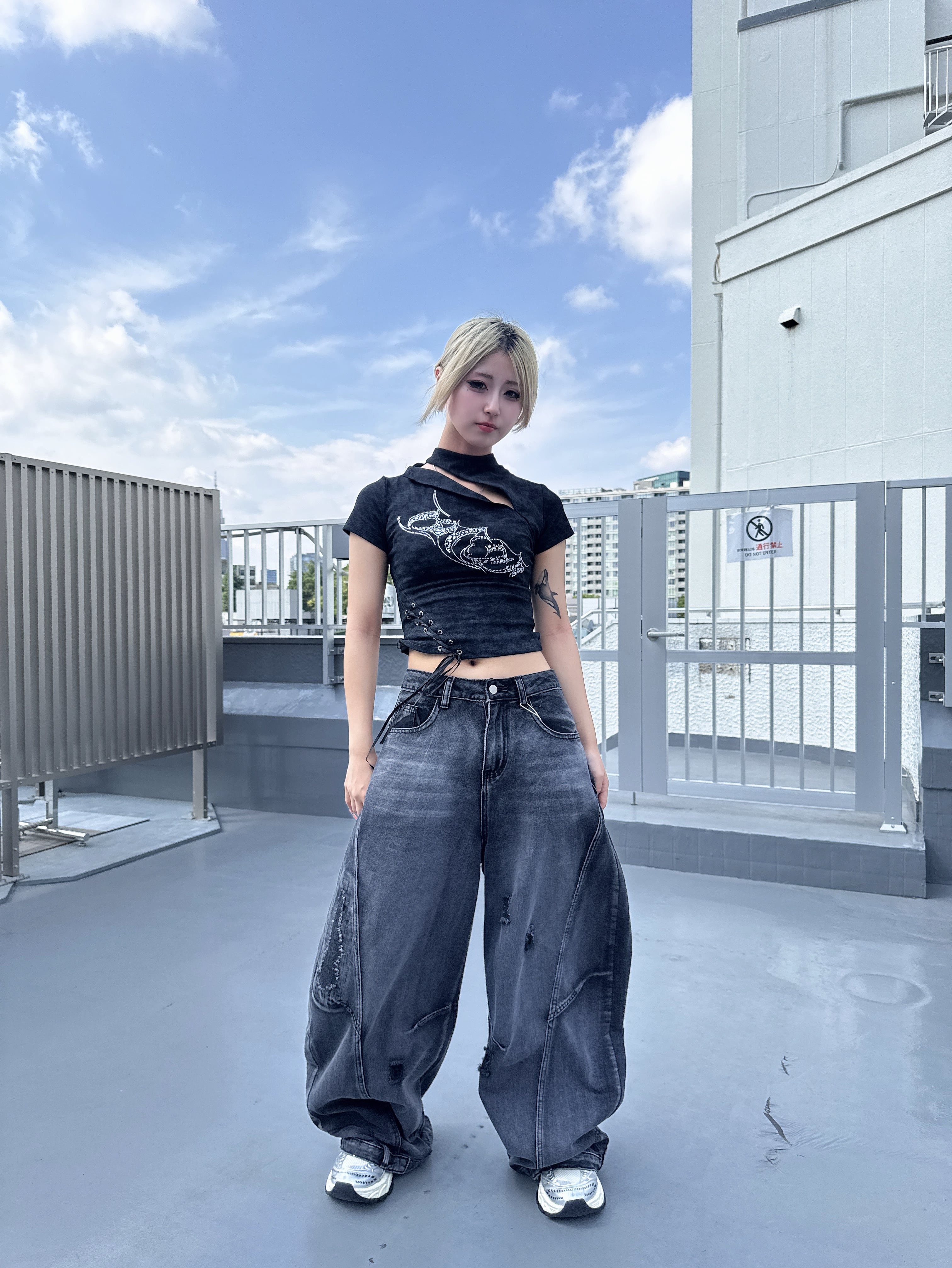 ダメージバギーデニム ストリート Y2K グランジ | 韓国系ユニセックス